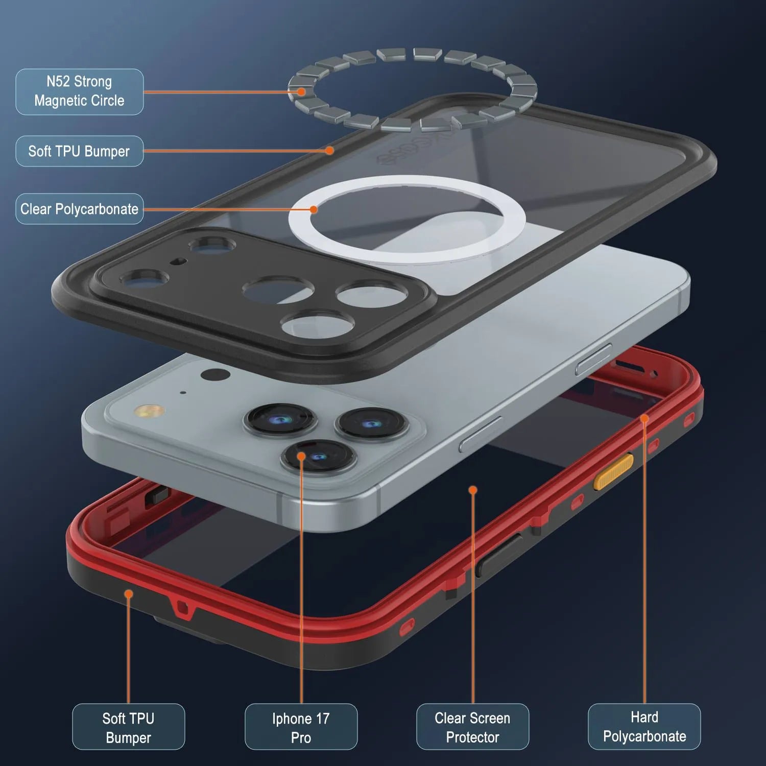 iPhone 17 Pro Waterproof IP68 Case, Punkcase [Red] [StudStar Series] [Slim Fit]