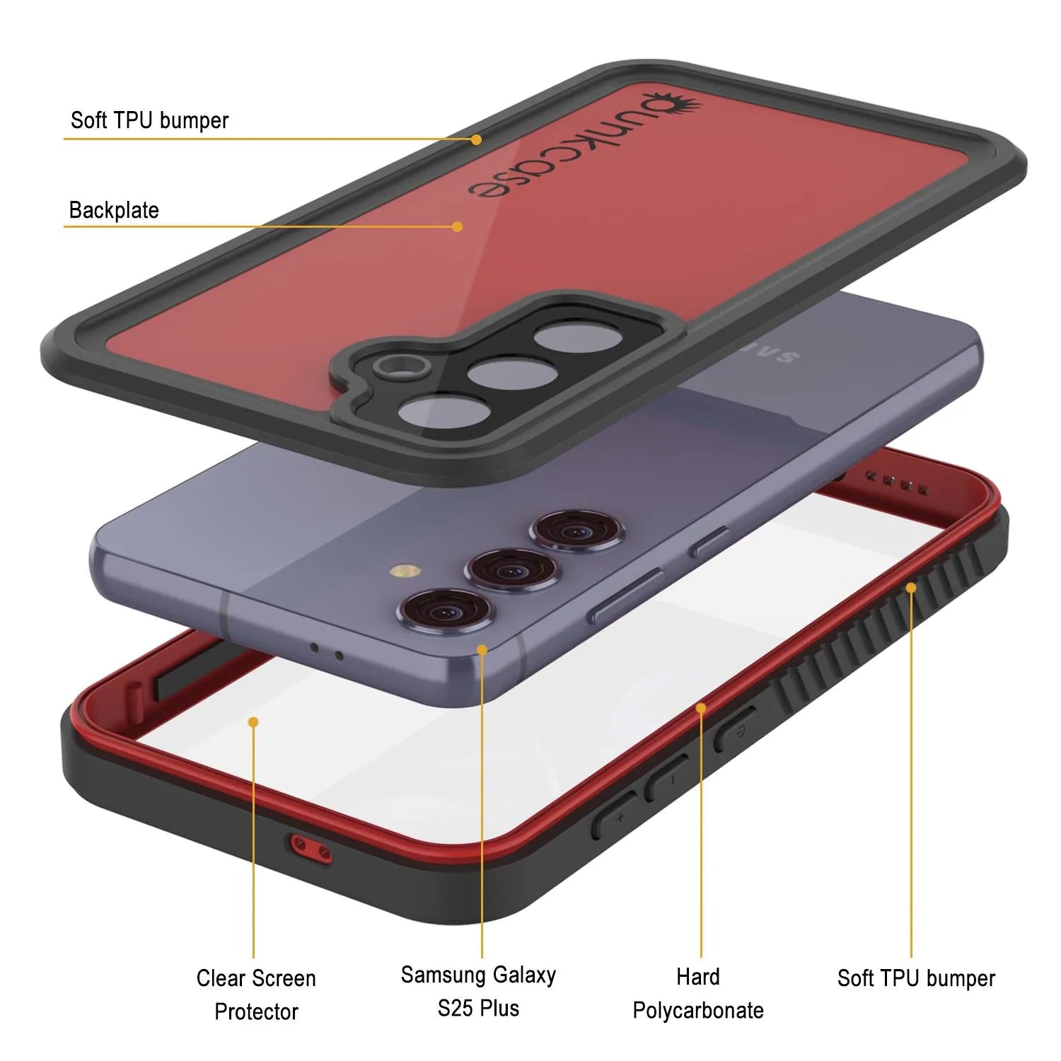 Galaxy S25+ Plus Waterproof Case PunkCase StudStar Red Thin 6.7ft Underwater IP68 Shock/Snow Proof