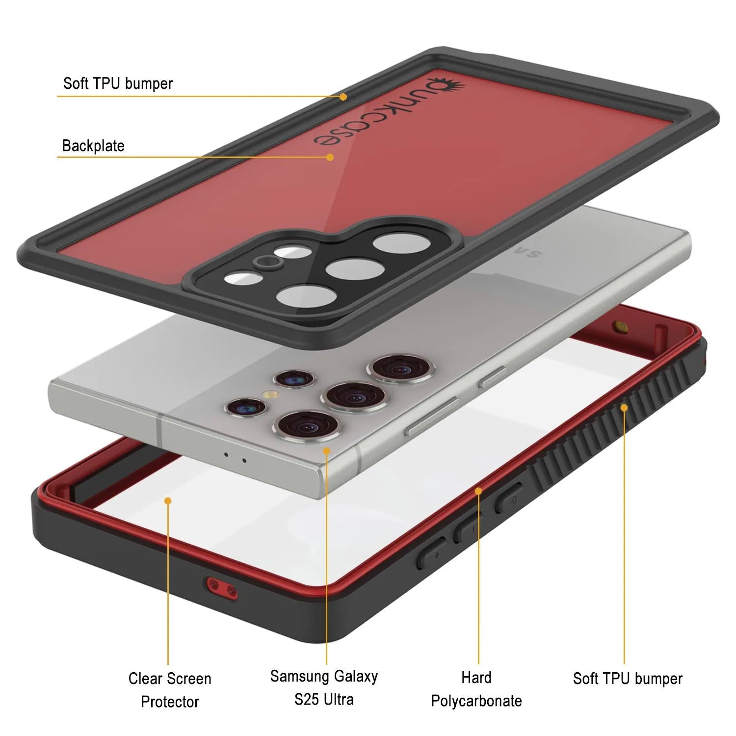 Galaxy S25 Ultra Waterproof Case PunkCase StudStar Red Thin 6.6ft Underwater IP68 Shock/Snow Proof