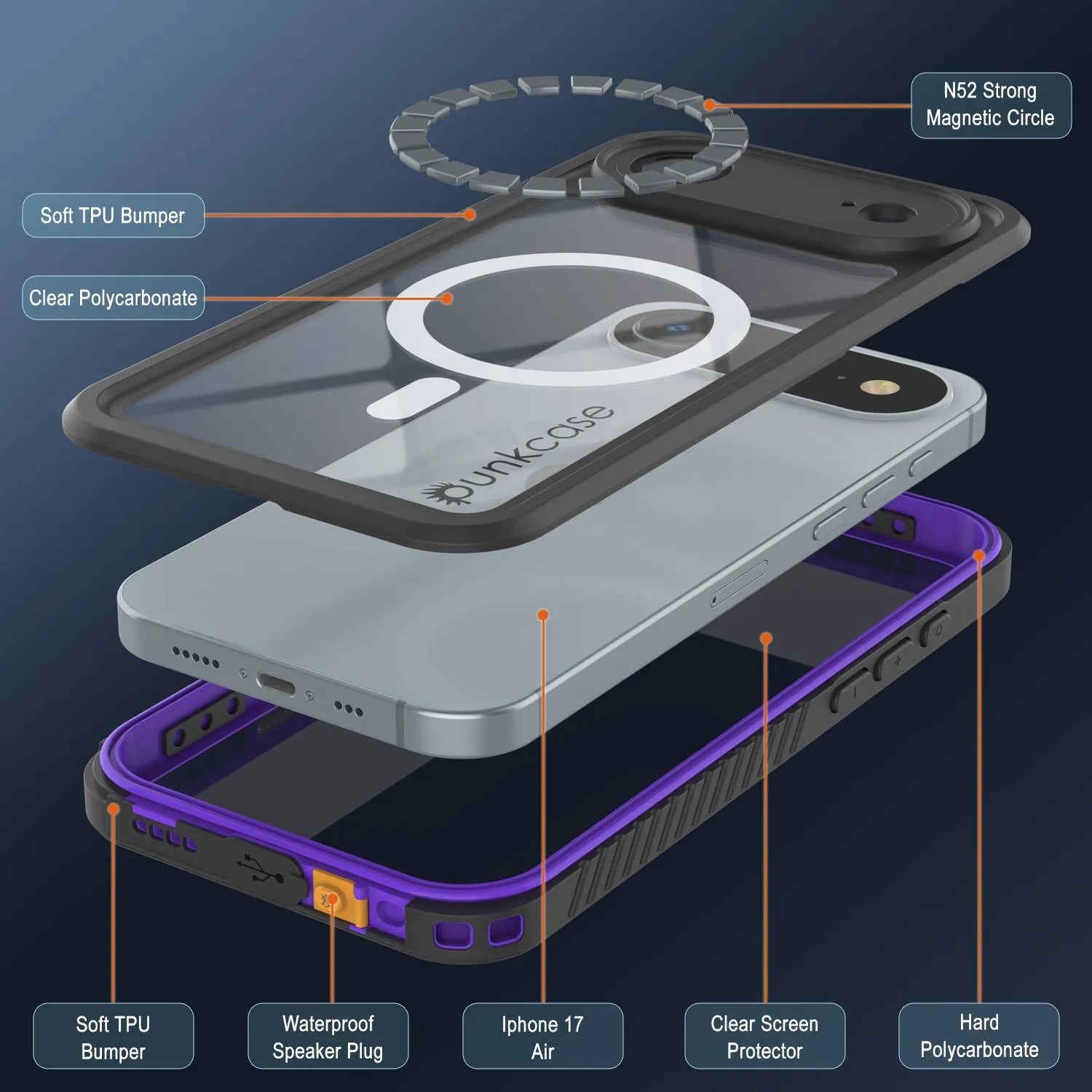 iPhone 17 Air Waterproof Case, Punkcase [Extreme Series] Armor Cover W/ Built In Screen Protector [Purple]