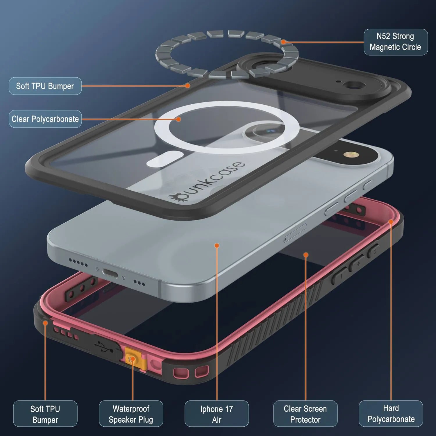 iPhone 17 Air Waterproof Case, Punkcase [Extreme Series] Armor Cover W/ Built In Screen Protector [Pink]