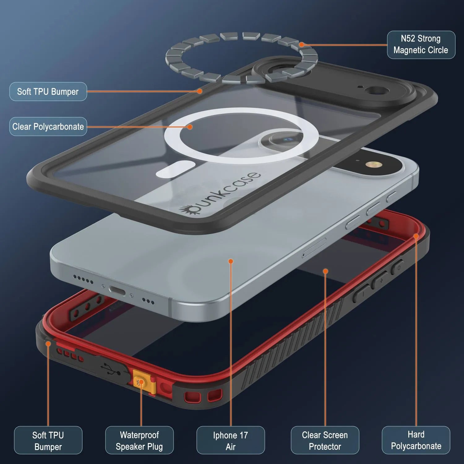 iPhone 17 Air Waterproof Case, Punkcase [Extreme Series] Armor Cover W/ Built In Screen Protector [Red]