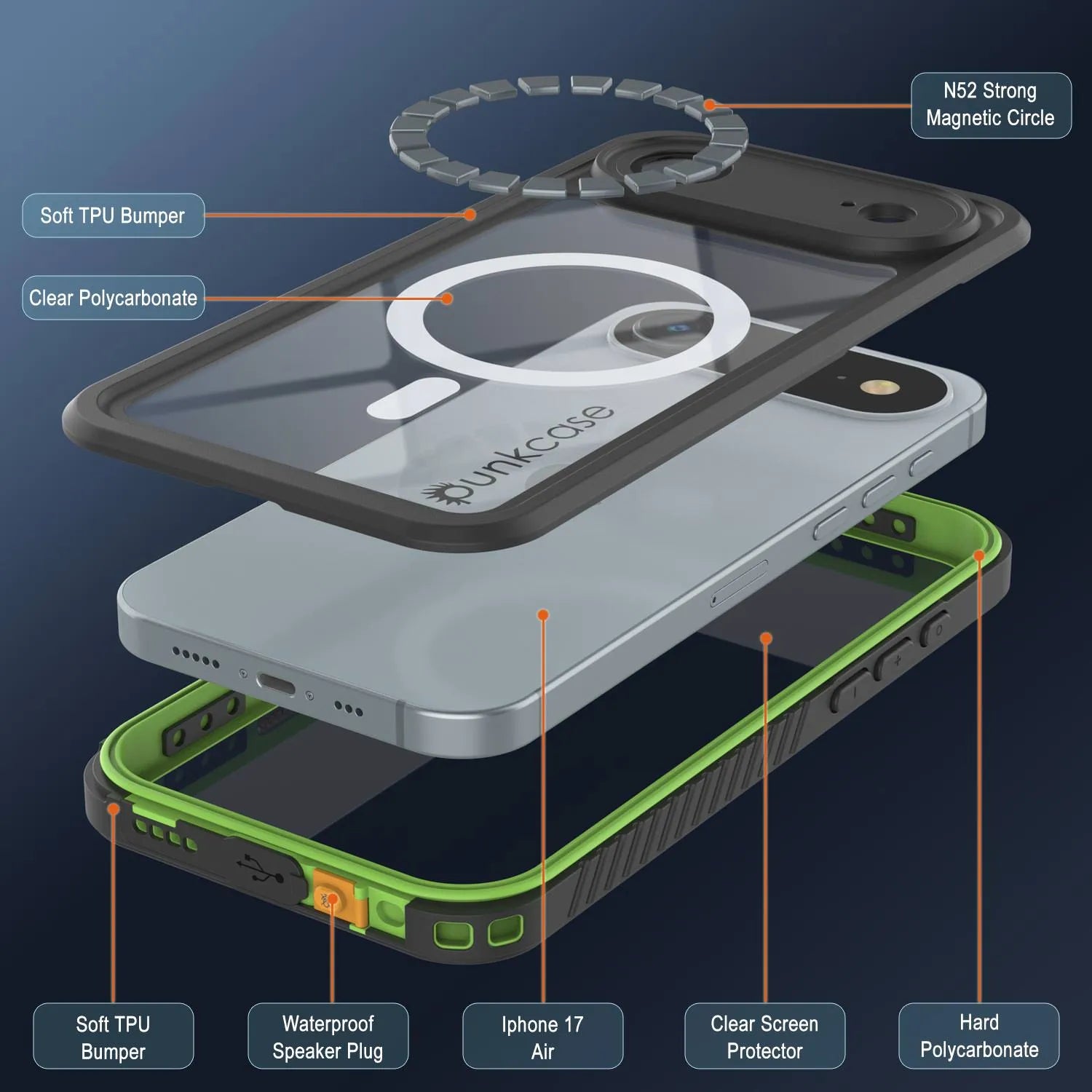 iPhone 17 Air Waterproof Case, Punkcase [Extreme Series] Armor Cover W/ Built In Screen Protector [Light Green]