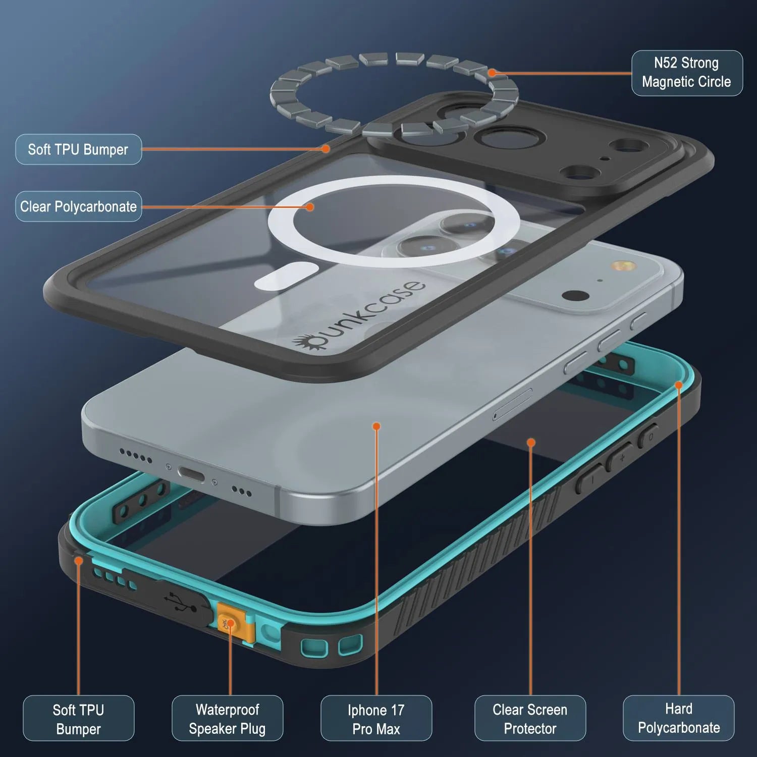 iPhone 17 Pro Max Waterproof Case, Punkcase [Extreme Mag Series] Armor Cover W/ Built In Screen Protector [Teal]