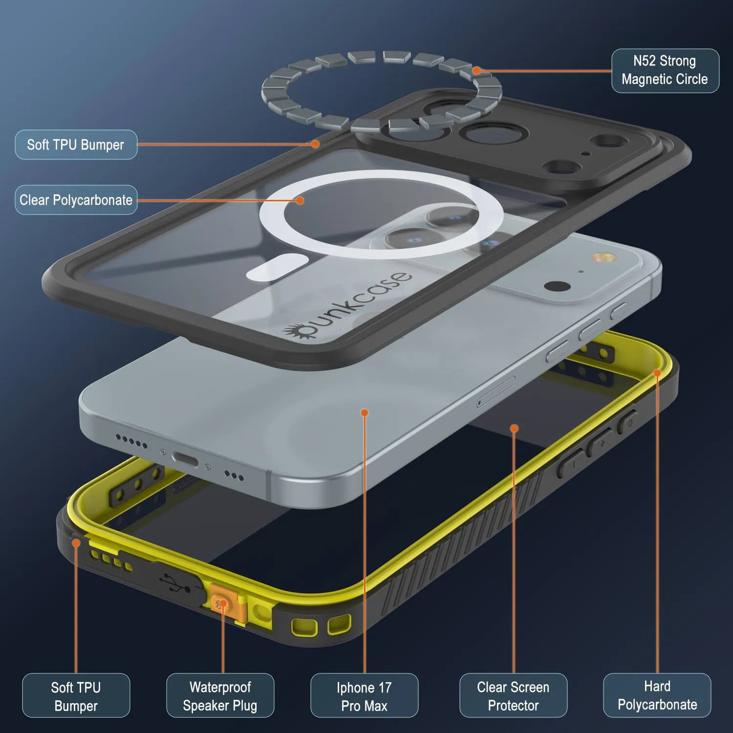 iPhone 17 Pro Max Waterproof Case, Punkcase [Extreme Series] Armor Cover W/ Built In Screen Protector [Yellow]
