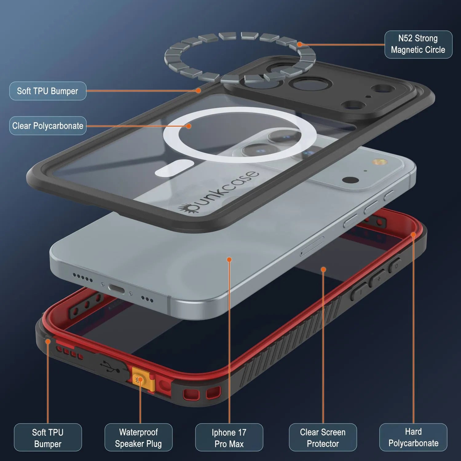 iPhone 17 Pro Max Waterproof Case, Punkcase [Extreme Mag Series] Armor Cover W/ Built In Screen Protector [Red]