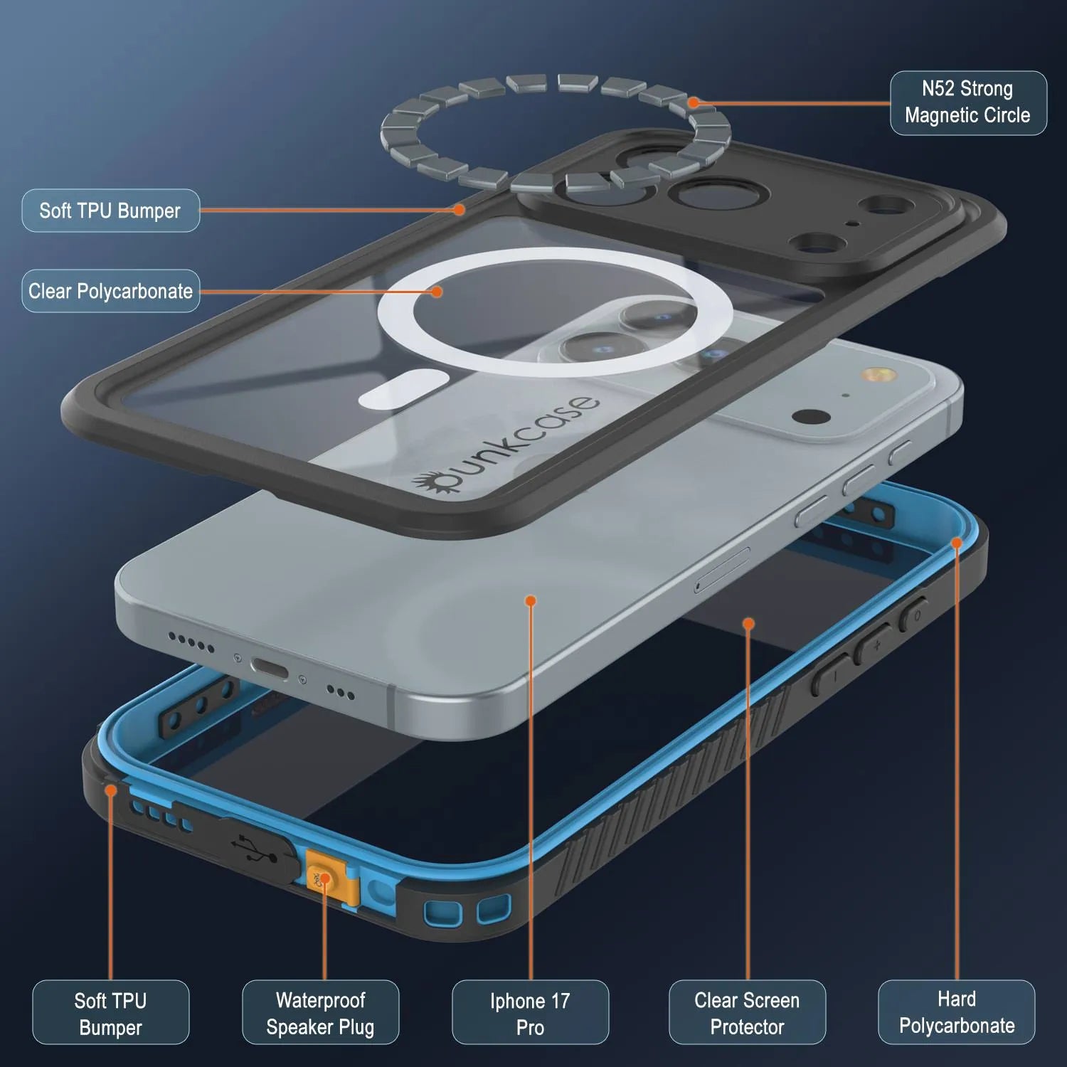 iPhone 17 Pro Waterproof Case, Punkcase [Extreme Series] Armor Cover W/ Built In Screen Protector [Navy Blue]