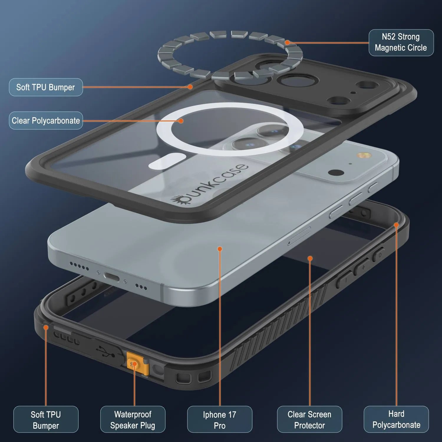 iPhone 17 Pro Waterproof Case, Punkcase [Extreme Mag Series] Armor Cover W/ Built In Screen Protector [Grey]