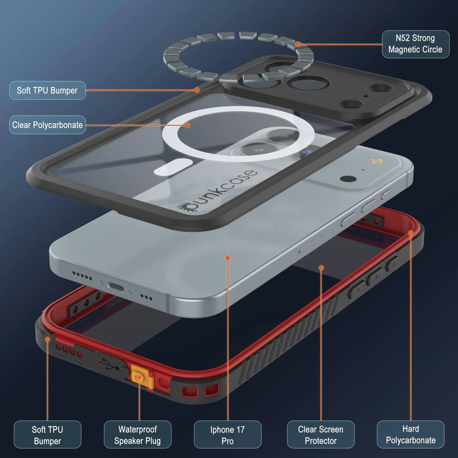 iPhone 17 Pro Waterproof Case, Punkcase [Extreme Mag Series] Armor Cover W/ Built In Screen Protector [Red]
