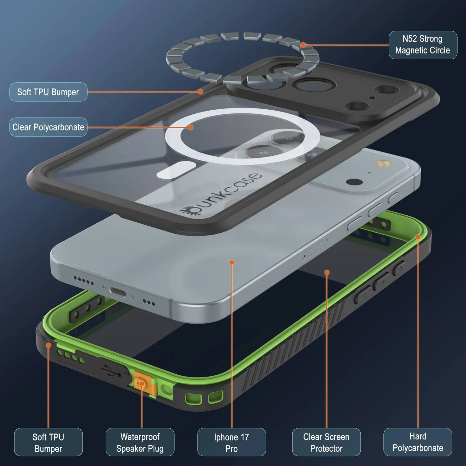 iPhone 17 Pro Waterproof Case, Punkcase [Extreme Mag Series] Armor Cover W/ Built In Screen Protector [Green]
