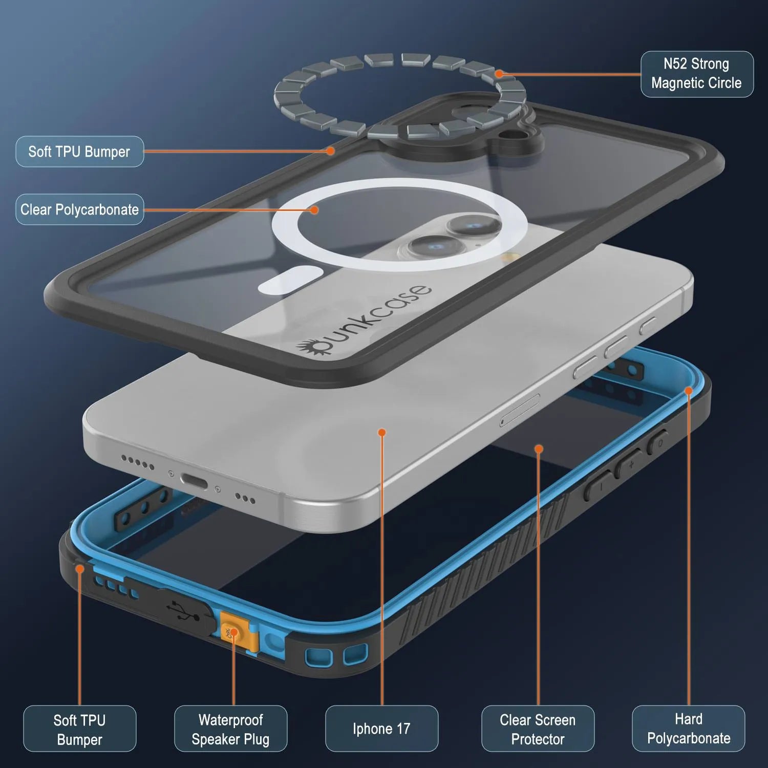 iPhone 17 Waterproof Case, Punkcase [Extreme Series] Armor Cover W/ Built In Screen Protector [Navy Blue]