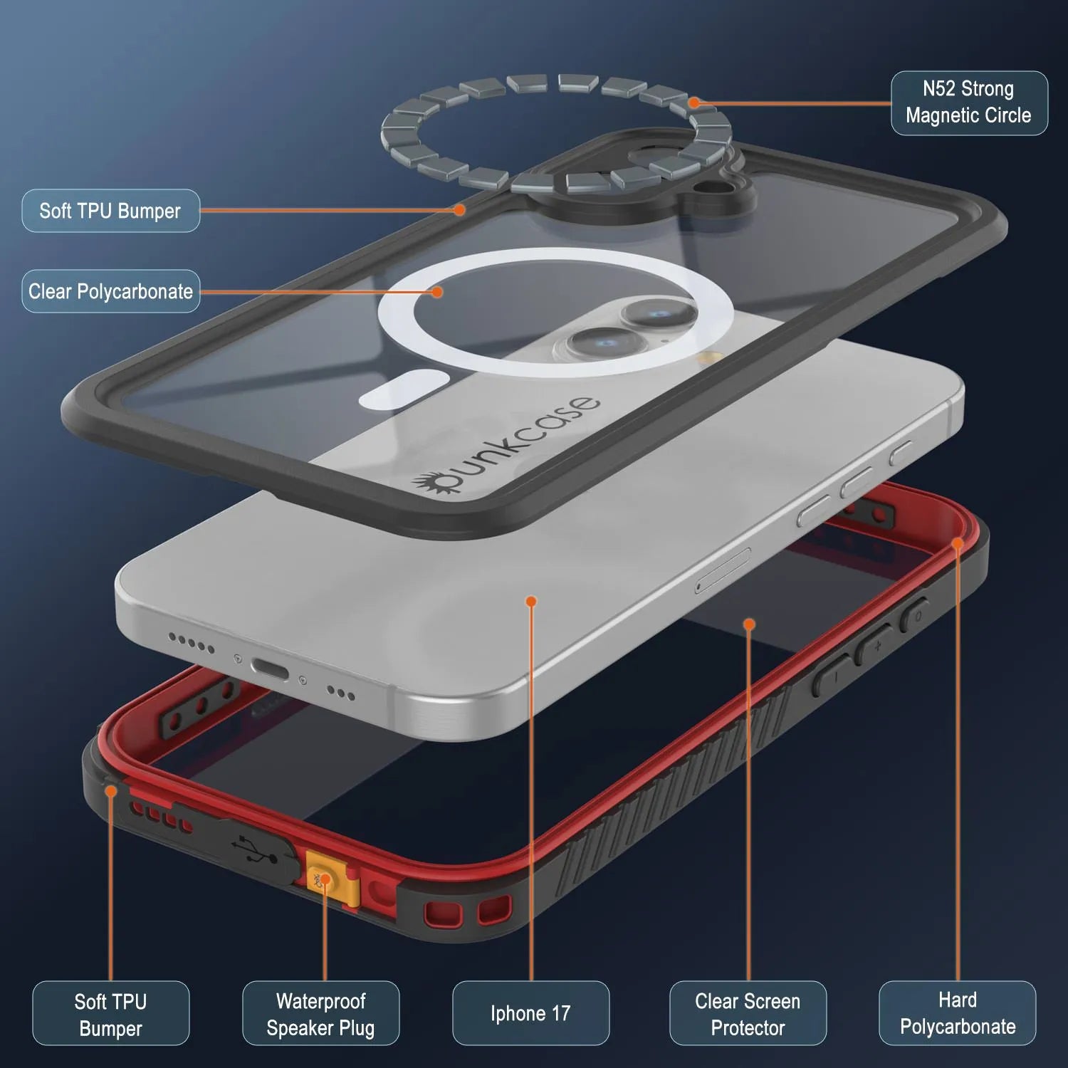iPhone 17 Waterproof Case, Punkcase [Extreme Series] Armor Cover W/ Built In Screen Protector [Red]