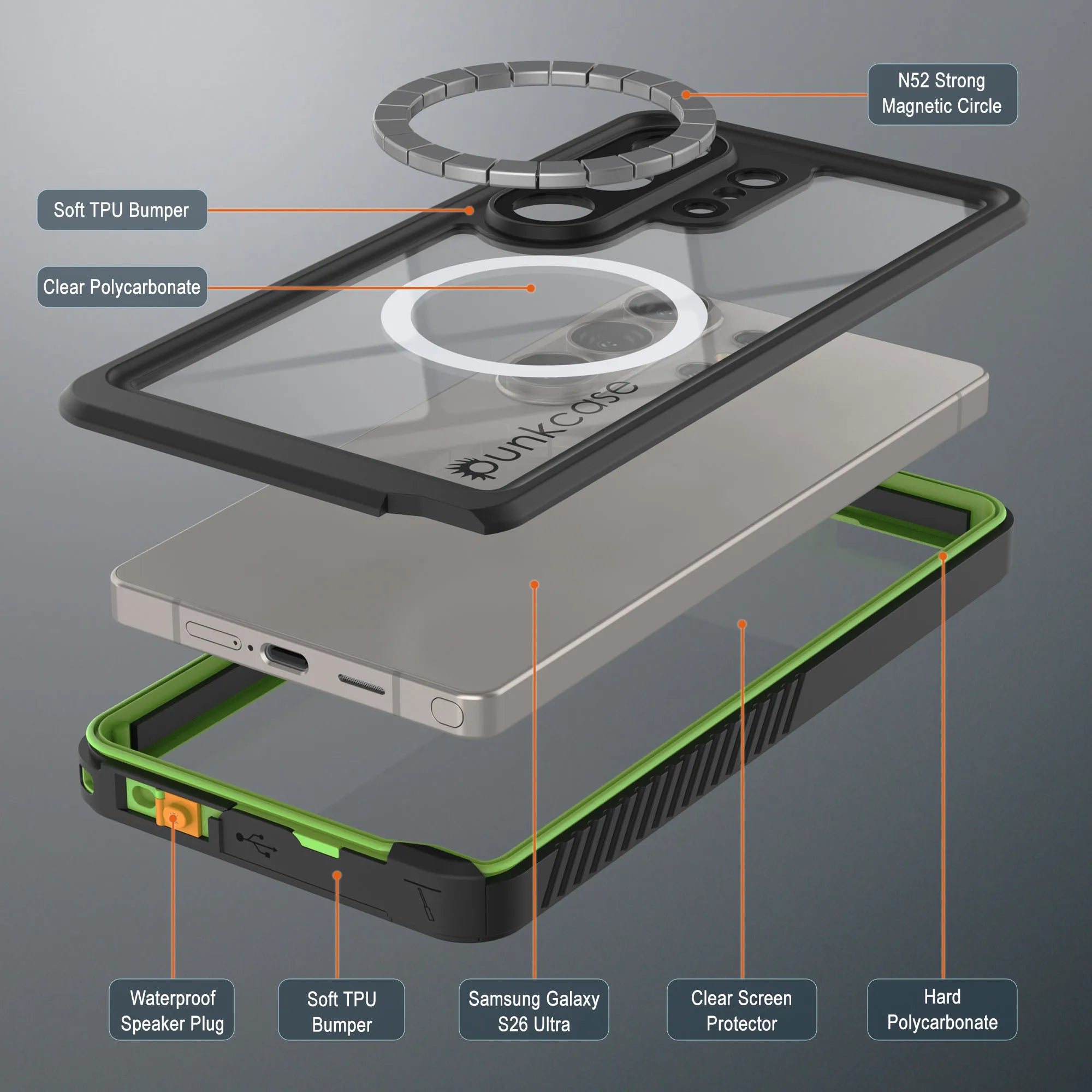 Galaxy S26 Ultra Waterproof Case, Punkcase [Extreme Mag Series] Armor Cover W/ Built In Screen Protector [Green]
