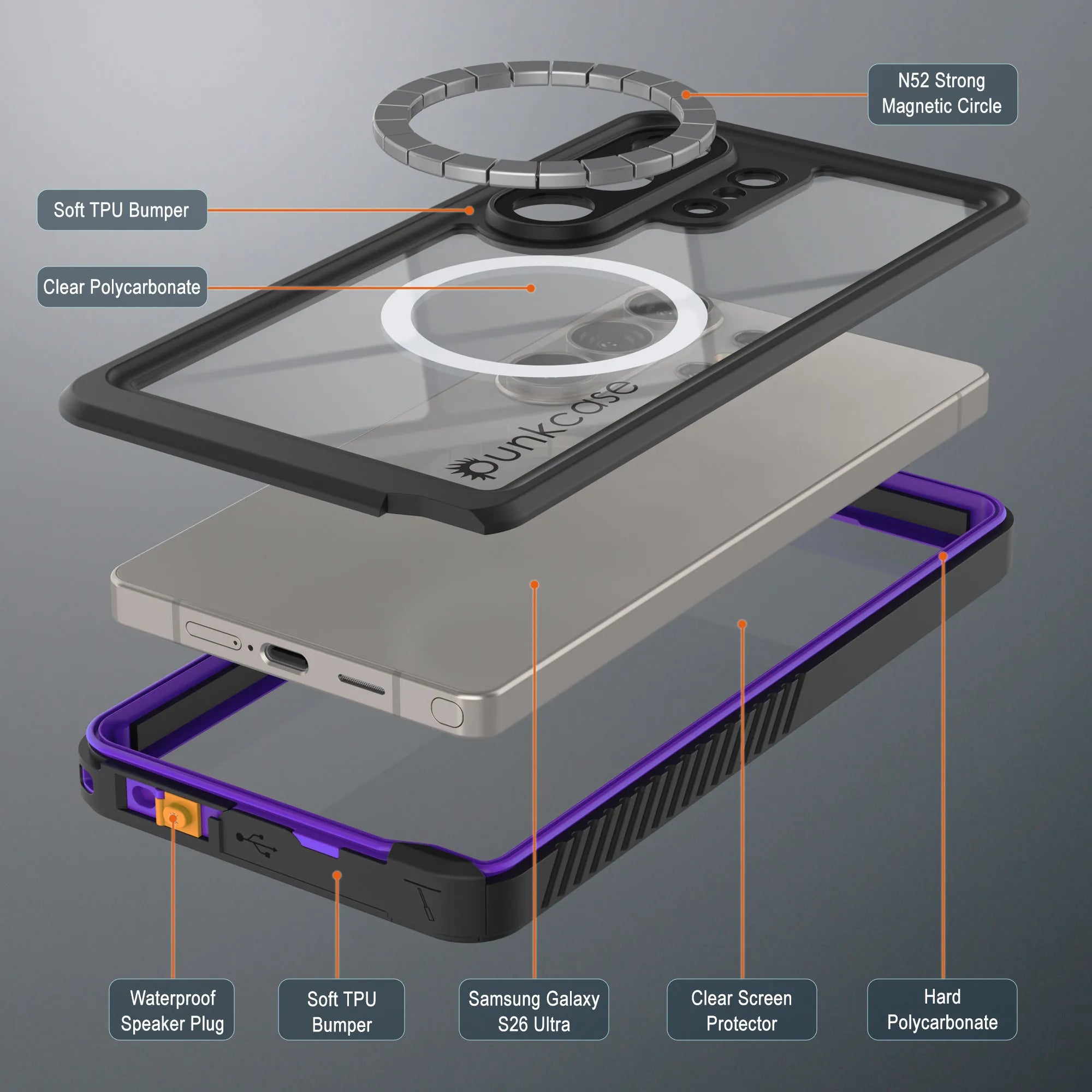 Products Galaxy S26 Ultra Waterproof Case, Punkcase [Extreme Mag Series] Armor Cover W/ Built In Screen Protector [Purple]