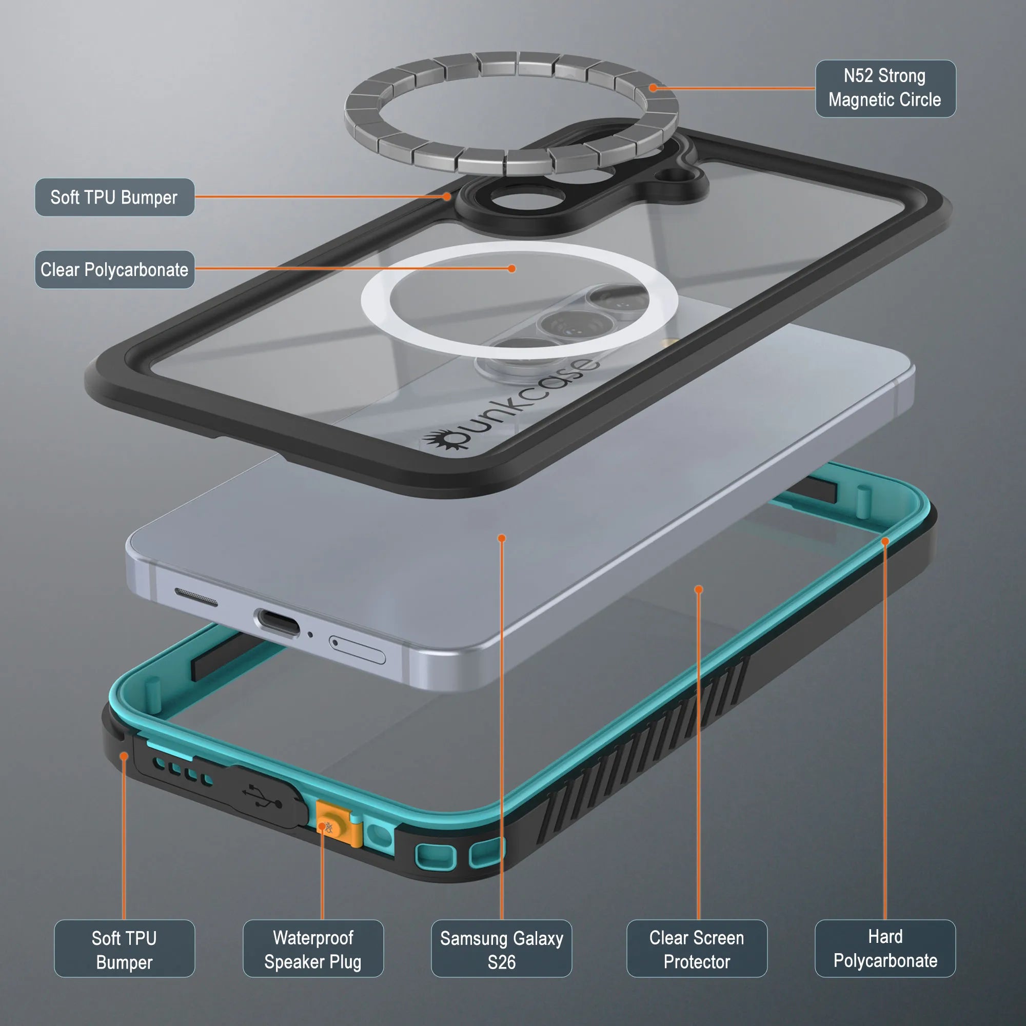 Galaxy S26 Waterproof Case, Punkcase [Extreme Mag Series] Armor Cover W/ Built In Screen Protector [Teal]