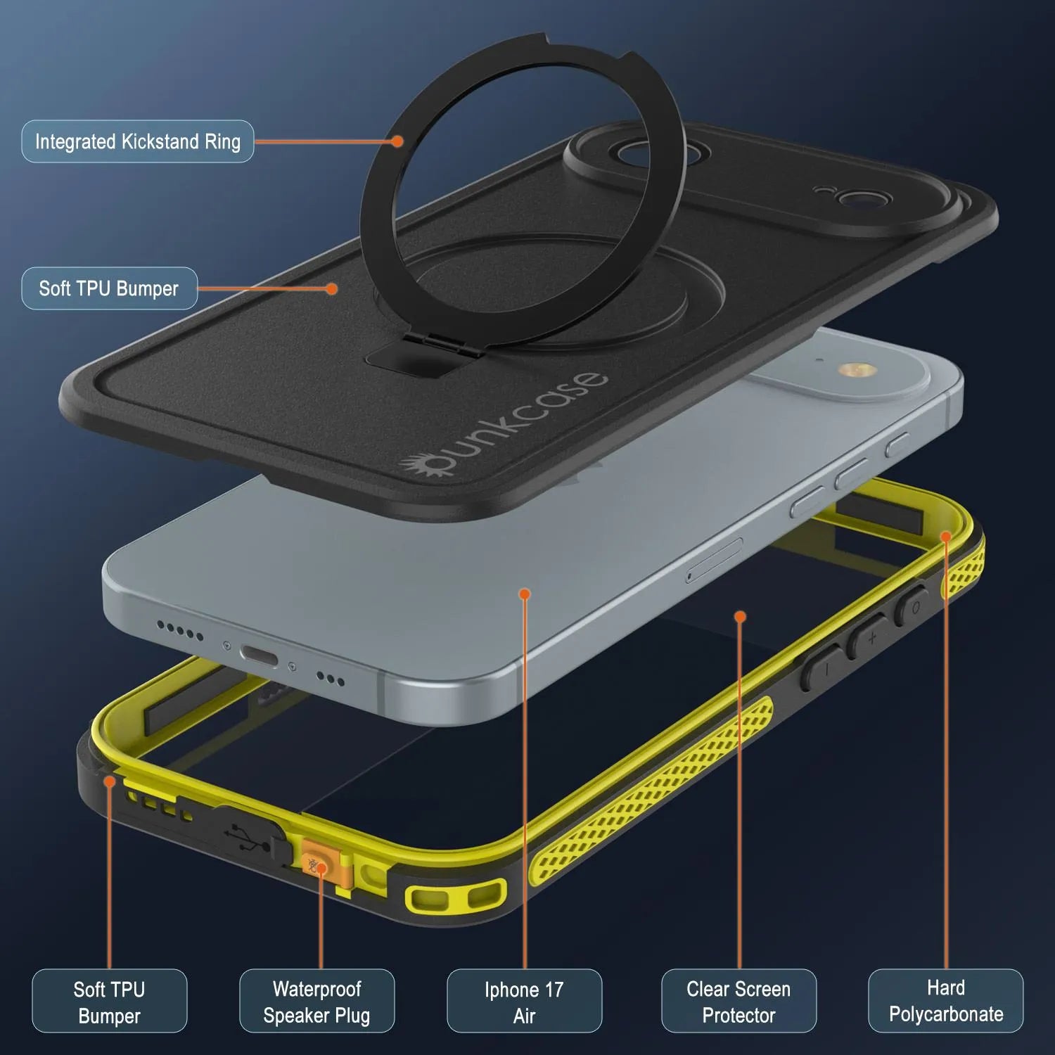 iPhone 17 Air Waterproof Case [Kickstud 2.0 Series] Protective IP68 Cover W/Screen Protector & Kickstand [Yellow]
