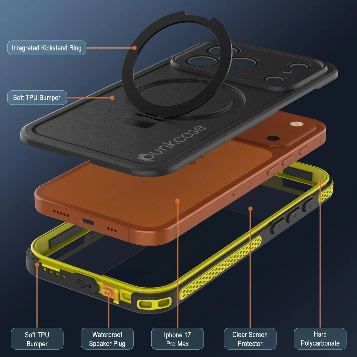 iPhone 17 Pro Max Waterproof Case [Kickstud 2.0 Series] Protective IP68 Cover W/Screen Protector & Kickstand [Yellow]