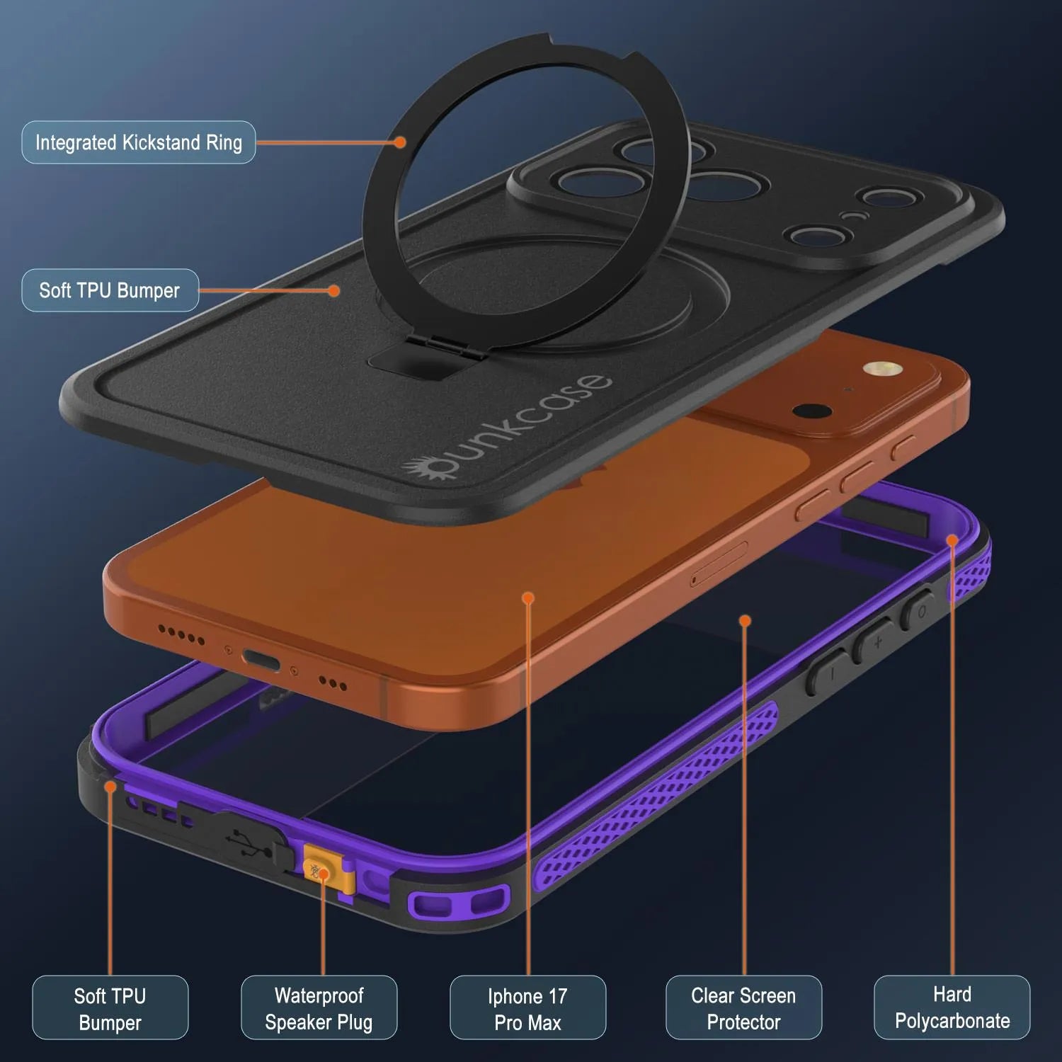 iPhone 17 Pro Max Waterproof Case [Kickstud 2.0 Series] Protective IP68 Cover W/Screen Protector & Kickstand [Purple]