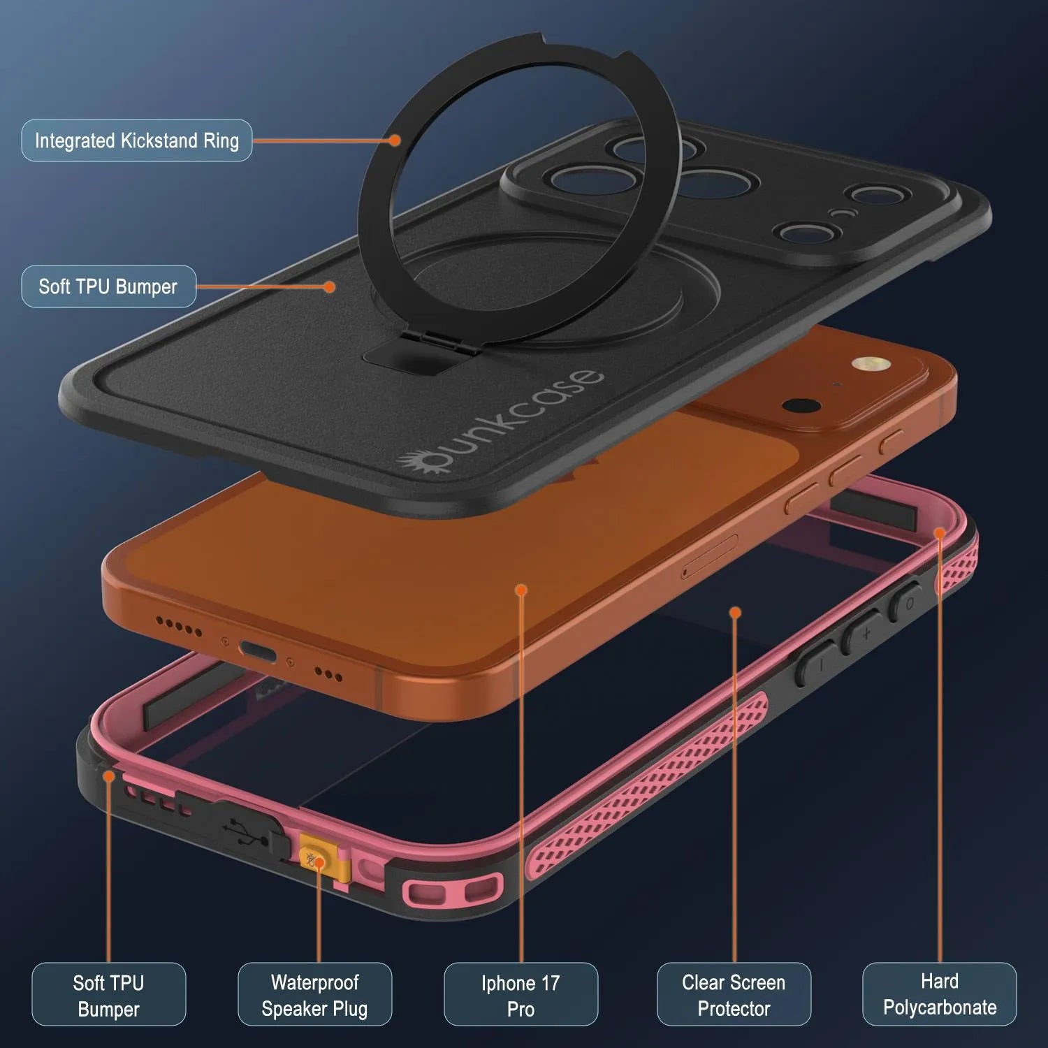 iPhone 17 pro Waterproof Case [Kickstud 2.0 Series] Protective IP68 Cover W/Screen Protector & Kickstand [Pink]