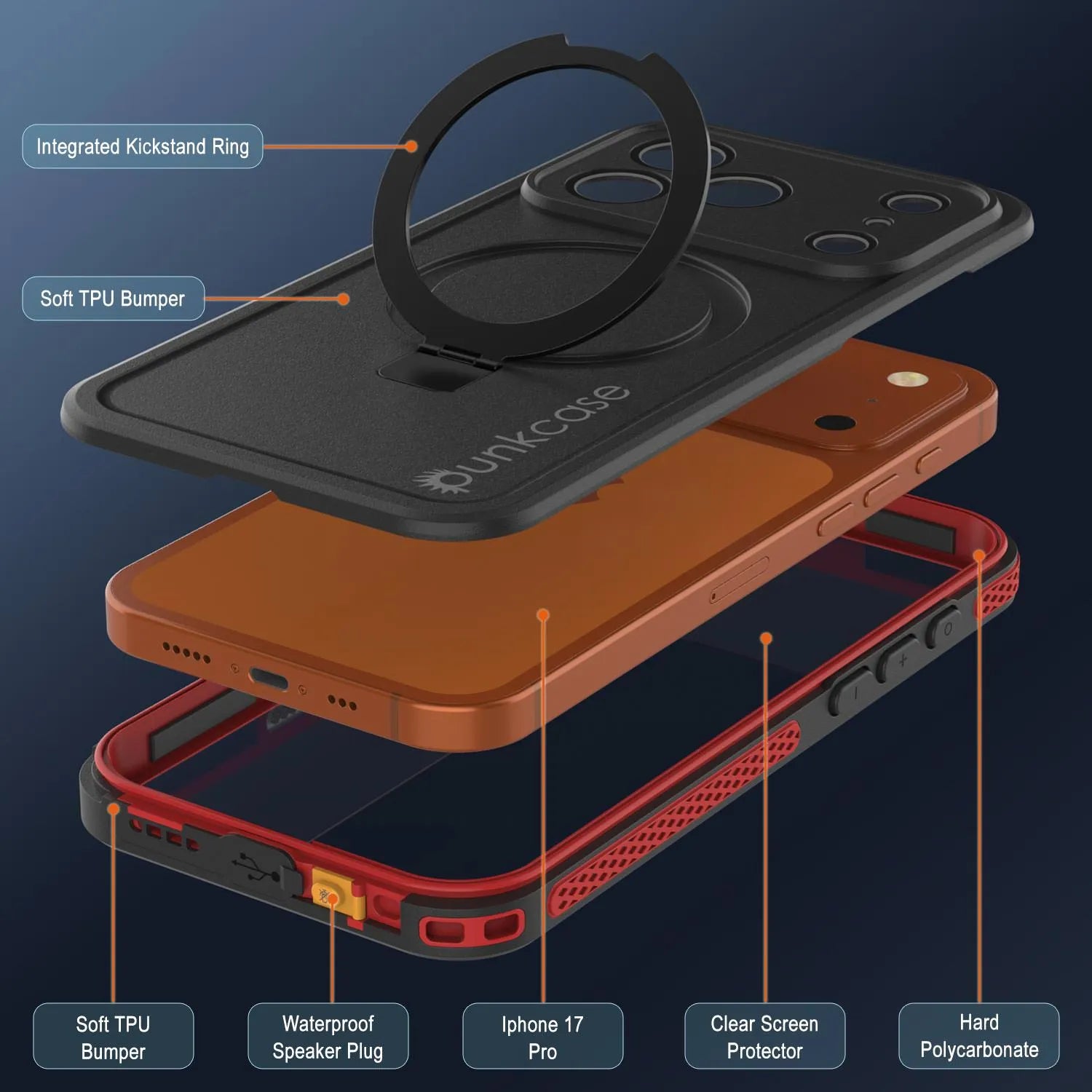 iPhone 17 pro Waterproof Case [Kickstud 2.0 Series] Protective IP68 Cover W/Screen Protector & Kickstand [Red]