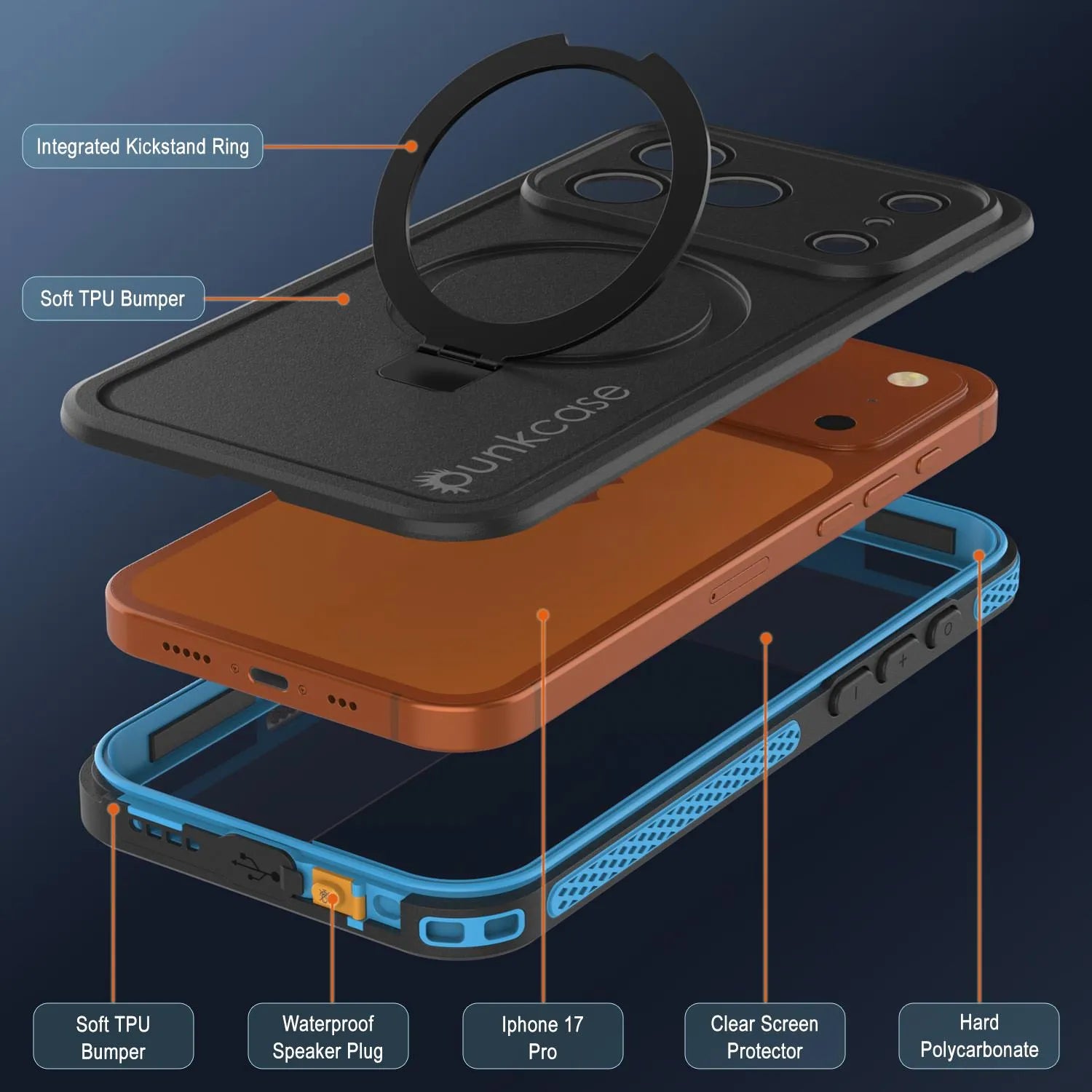 iPhone 17 pro Waterproof Case [Kickstud 2.0 Series] Protective IP68 Cover W/Screen Protector & Kickstand [Blue]