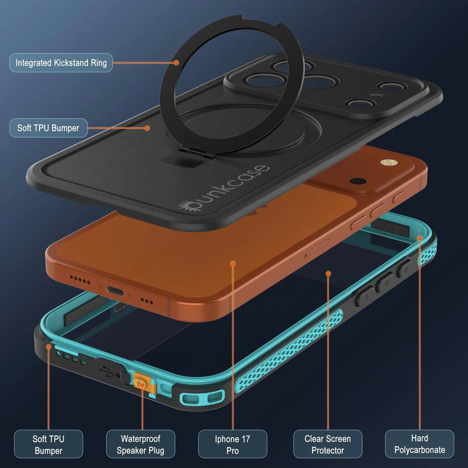 iPhone 17 pro Waterproof Case [Kickstud 2.0 Series] Protective IP68 Cover W/Screen Protector & Kickstand [Teal]