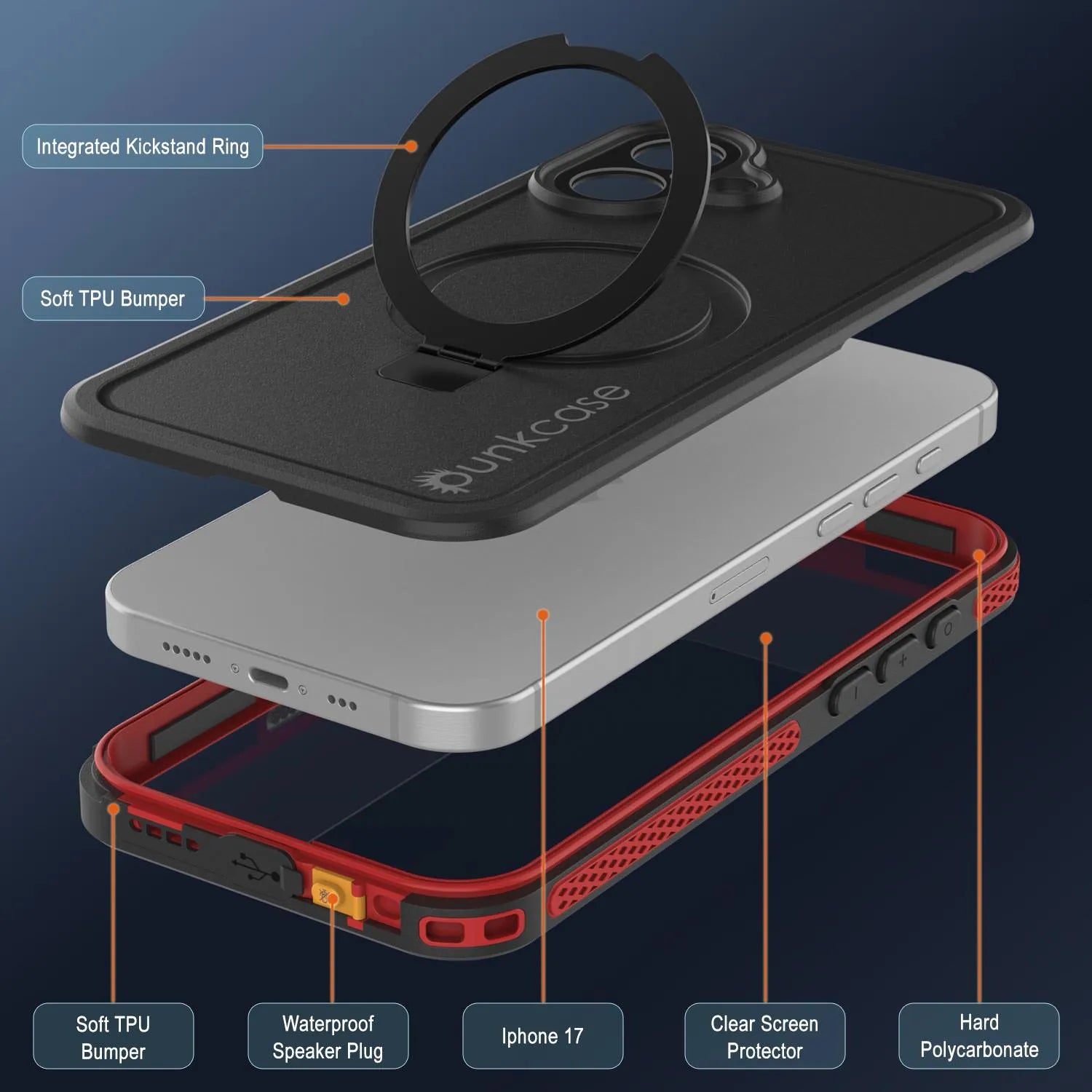iPhone 17 Waterproof Case [Kickstud 2.0 Series] Protective IP68 Cover W/Screen Protector & Kickstand [Red]