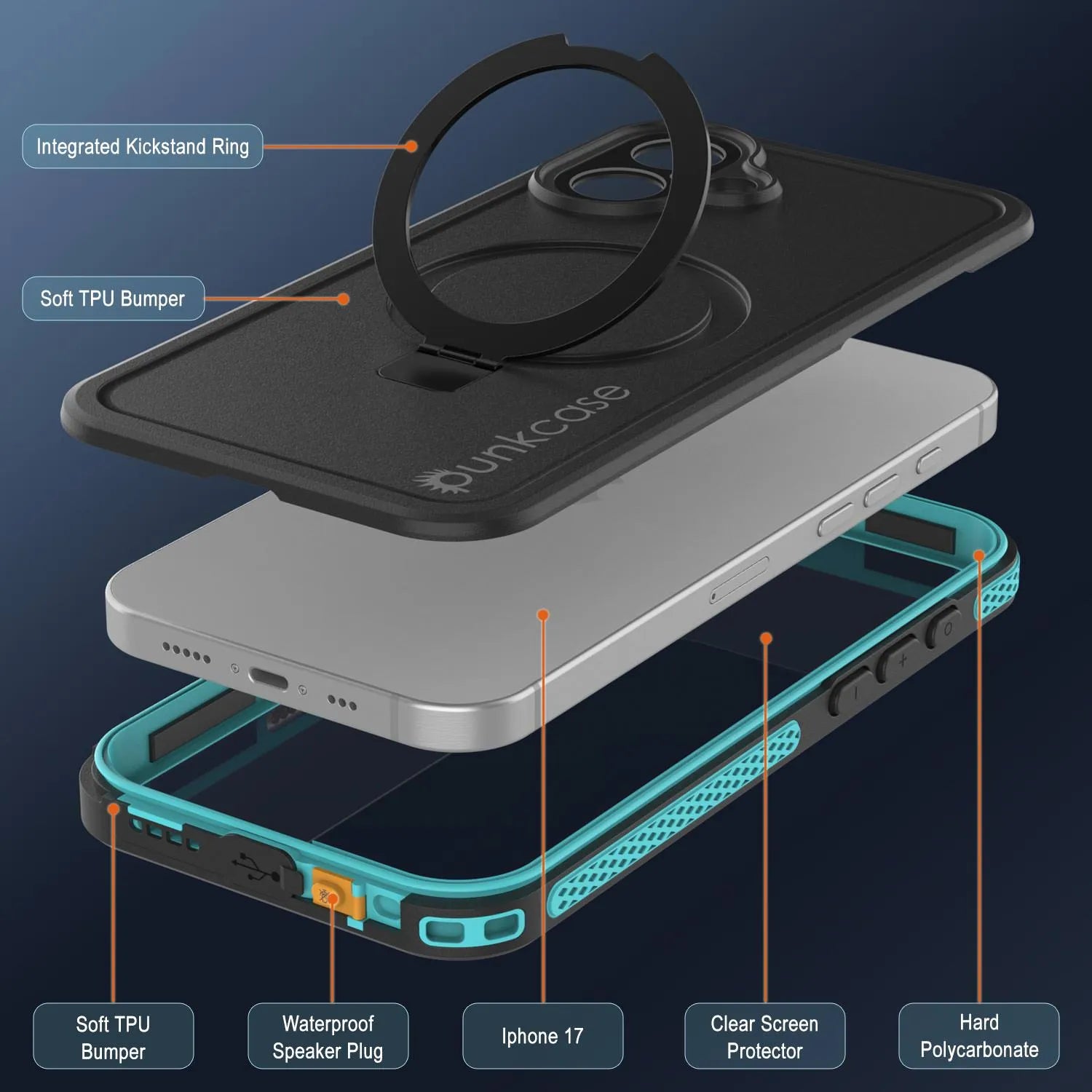 iPhone 17 Waterproof Case [Kickstud 2.0 Series] Protective IP68 Cover W/Screen Protector & Kickstand [Teal]
