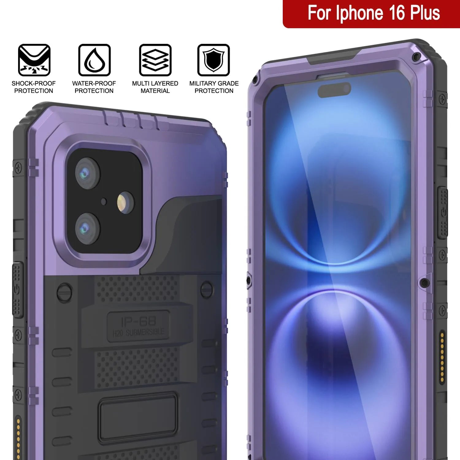 iPhone 16 Plus Metal Extreme 3.0 Series Aluminum Waterproof Case IP68 W/Buillt in Screen Protector & Kickstand [Purple]