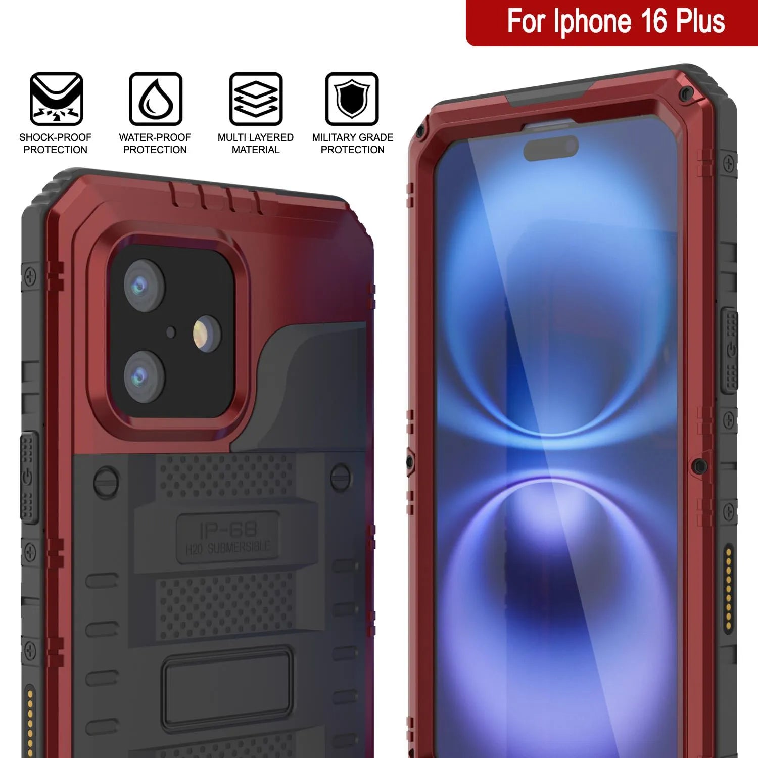 iPhone 16 Plus Metal Extreme 3.0 Series Aluminum Waterproof Case IP68 W/Buillt in Screen Protector & Kickstand [Red]