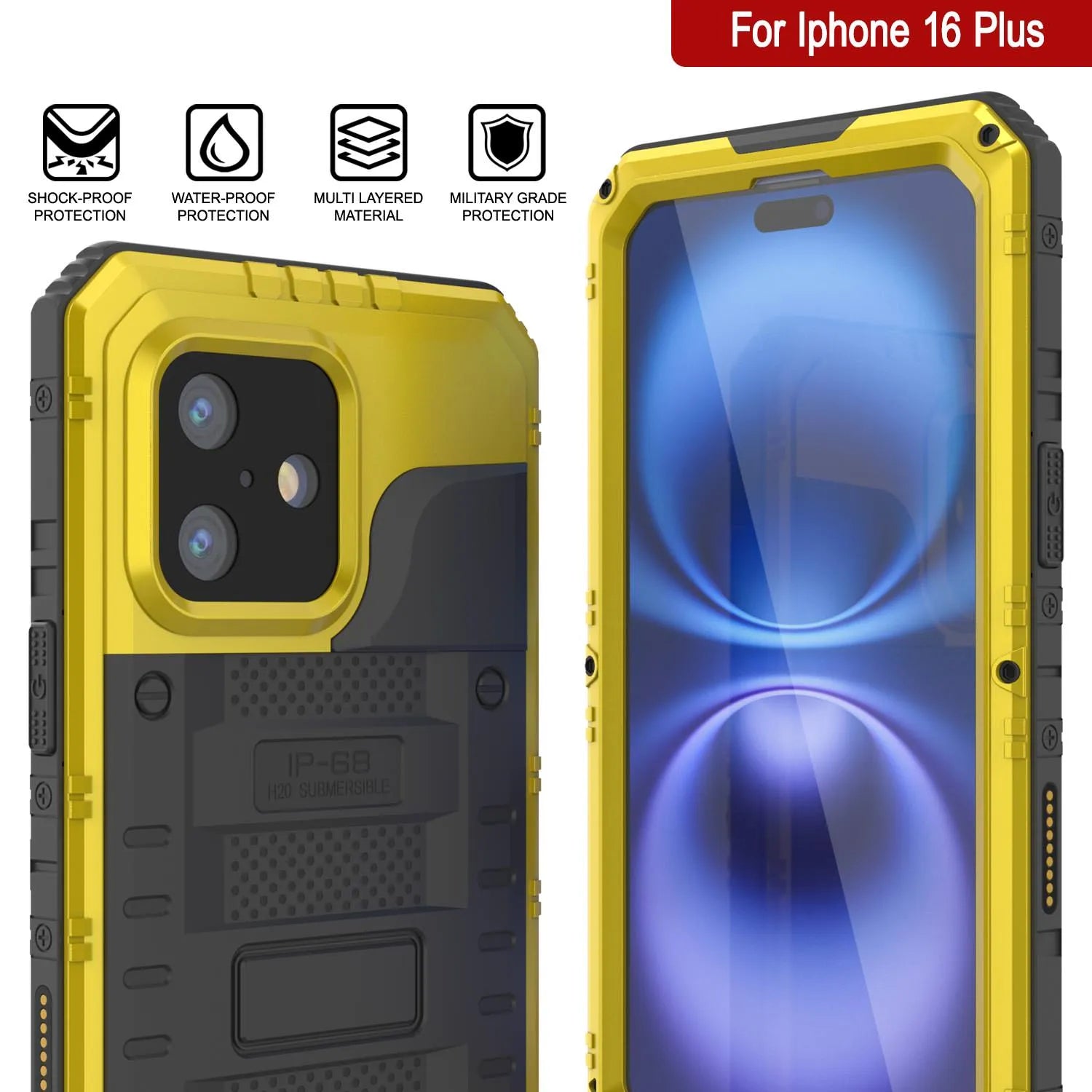 iPhone 16 Plus Metal Extreme 3.0 Series Aluminum Waterproof Case IP68 W/Buillt in Screen Protector & Kickstand [Yellow]