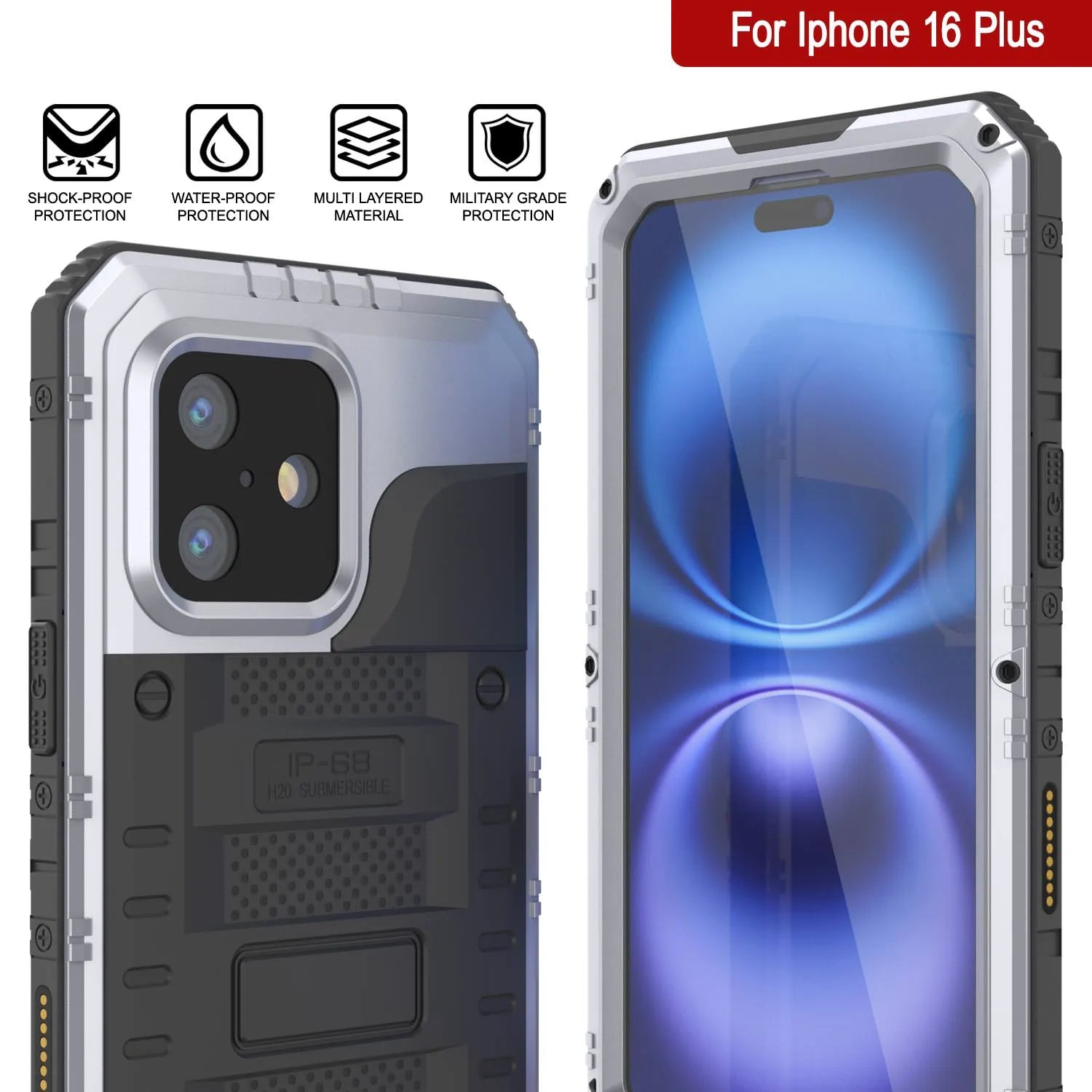 iPhone 16 Plus Metal Extreme 3.0 Series Aluminum Waterproof Case IP68 W/Buillt in Screen Protector & Kickstand [White]