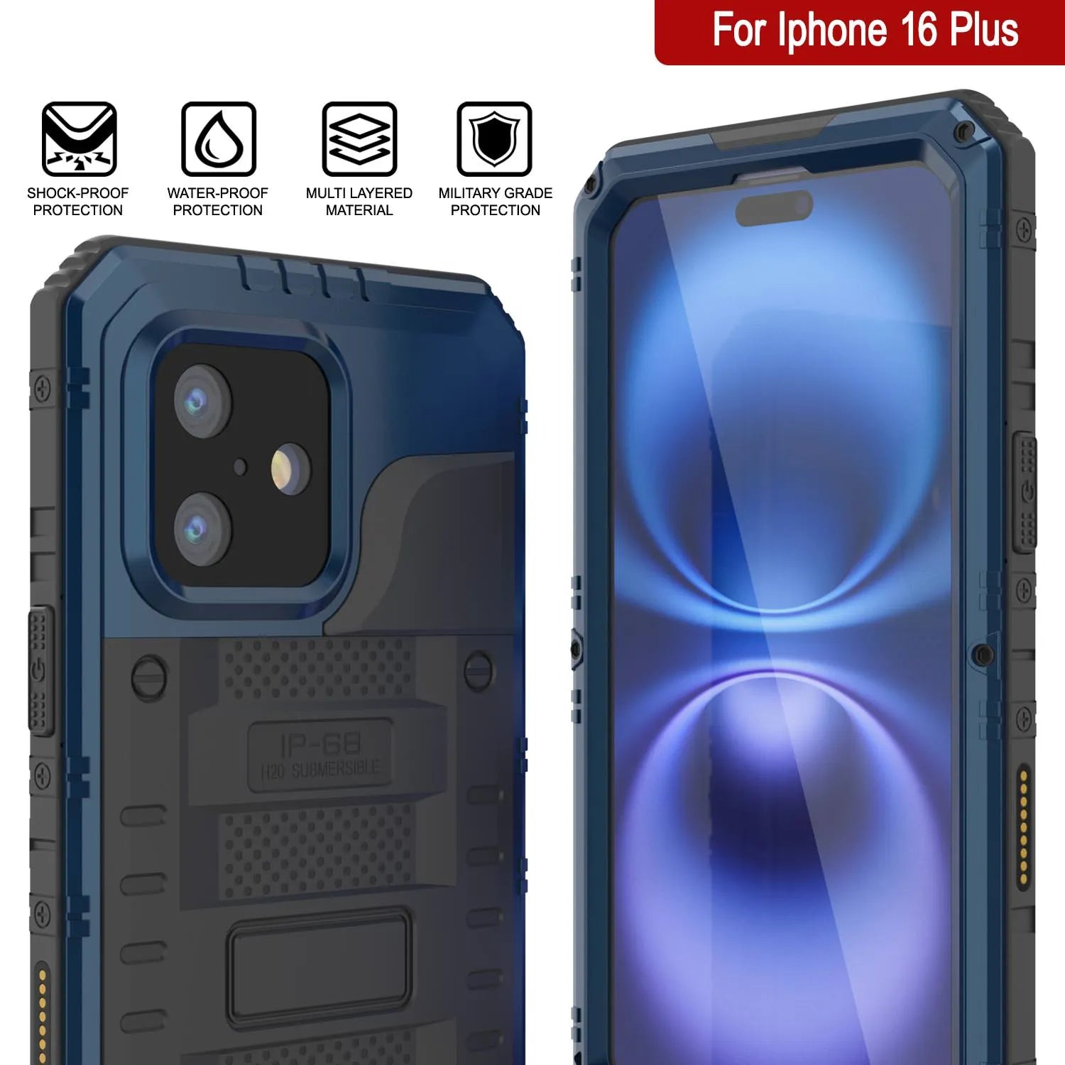 iPhone 16 Plus Metal Extreme 3.0 Series Aluminum Waterproof Case IP68 W/Buillt in Screen Protector & Kickstand [Blue]