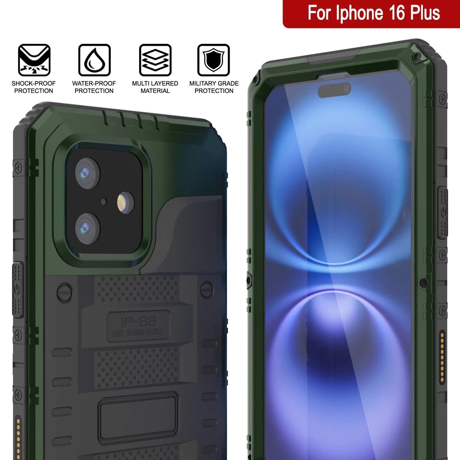 iPhone 16 Plus Metal Extreme 3.0 Series Aluminum Waterproof Case IP68 W/Buillt in Screen Protector & Kickstand [Dark Green]