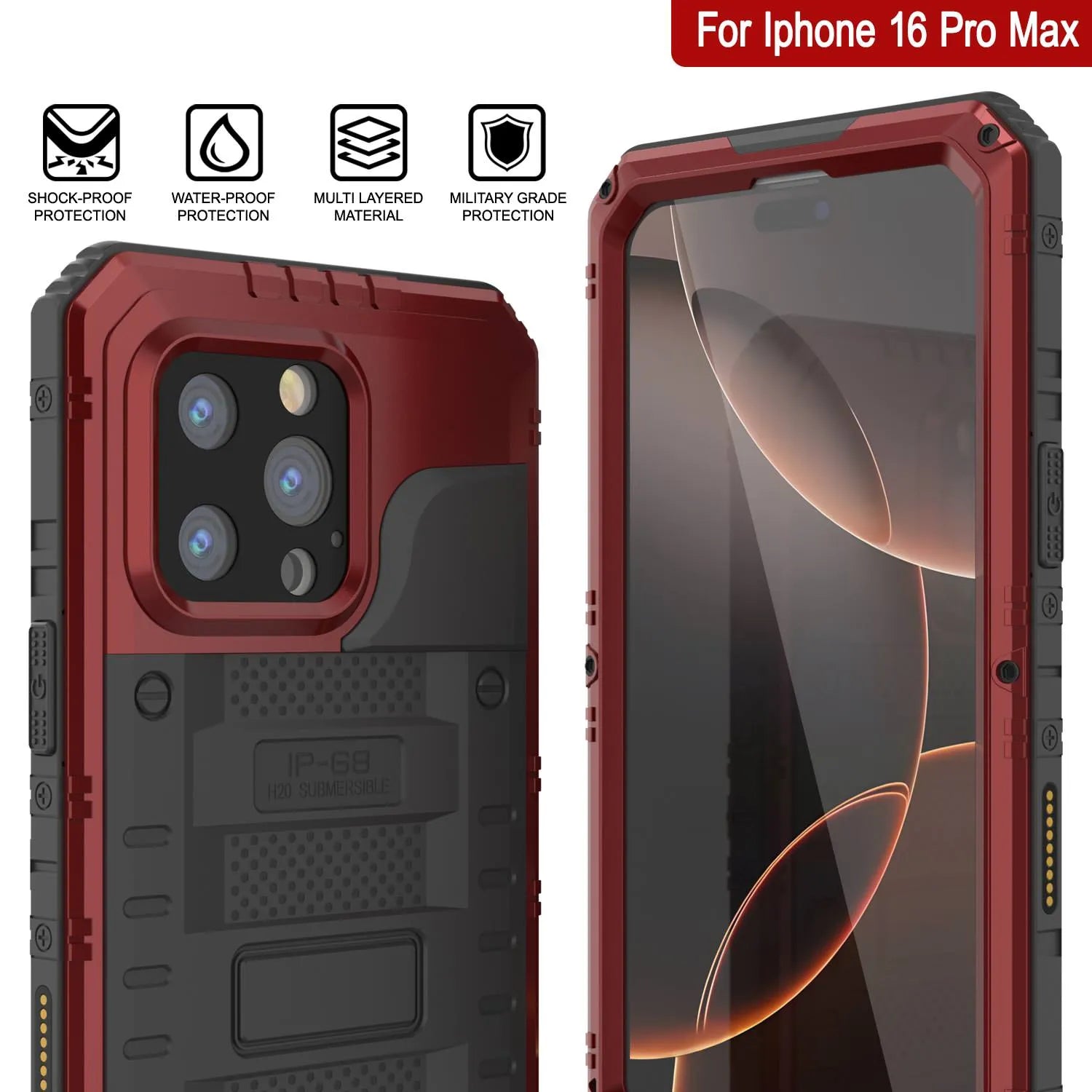 iPhone 16 Pro Max Metal Extreme 3.0 Series Aluminum Waterproof Case IP68 W/Buillt in Screen Protector & Kickstand [Red]