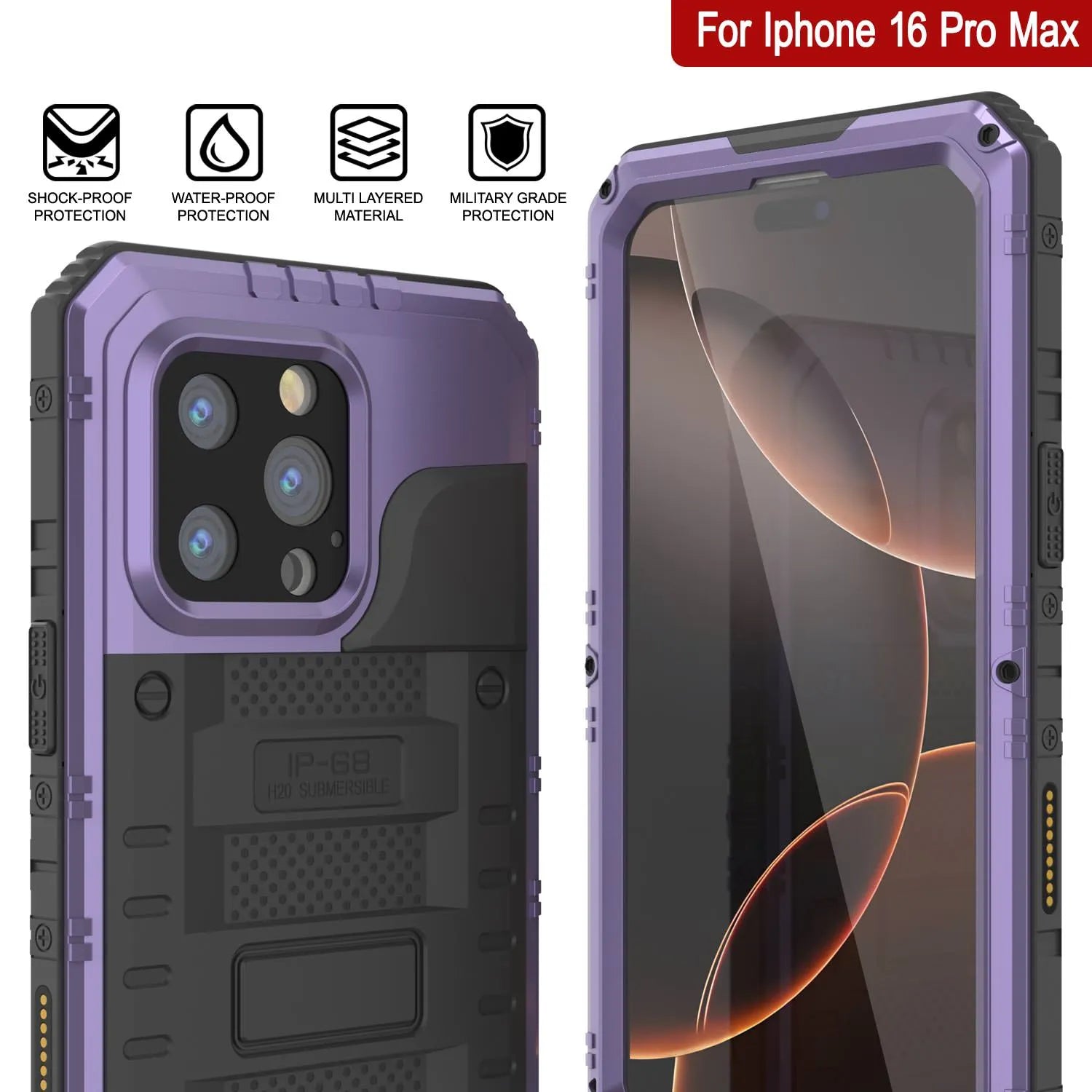 iPhone 16 Pro Max Metal Extreme 3.0 Series Aluminum Waterproof Case IP68 W/Buillt in Screen Protector & Kickstand [Purple]