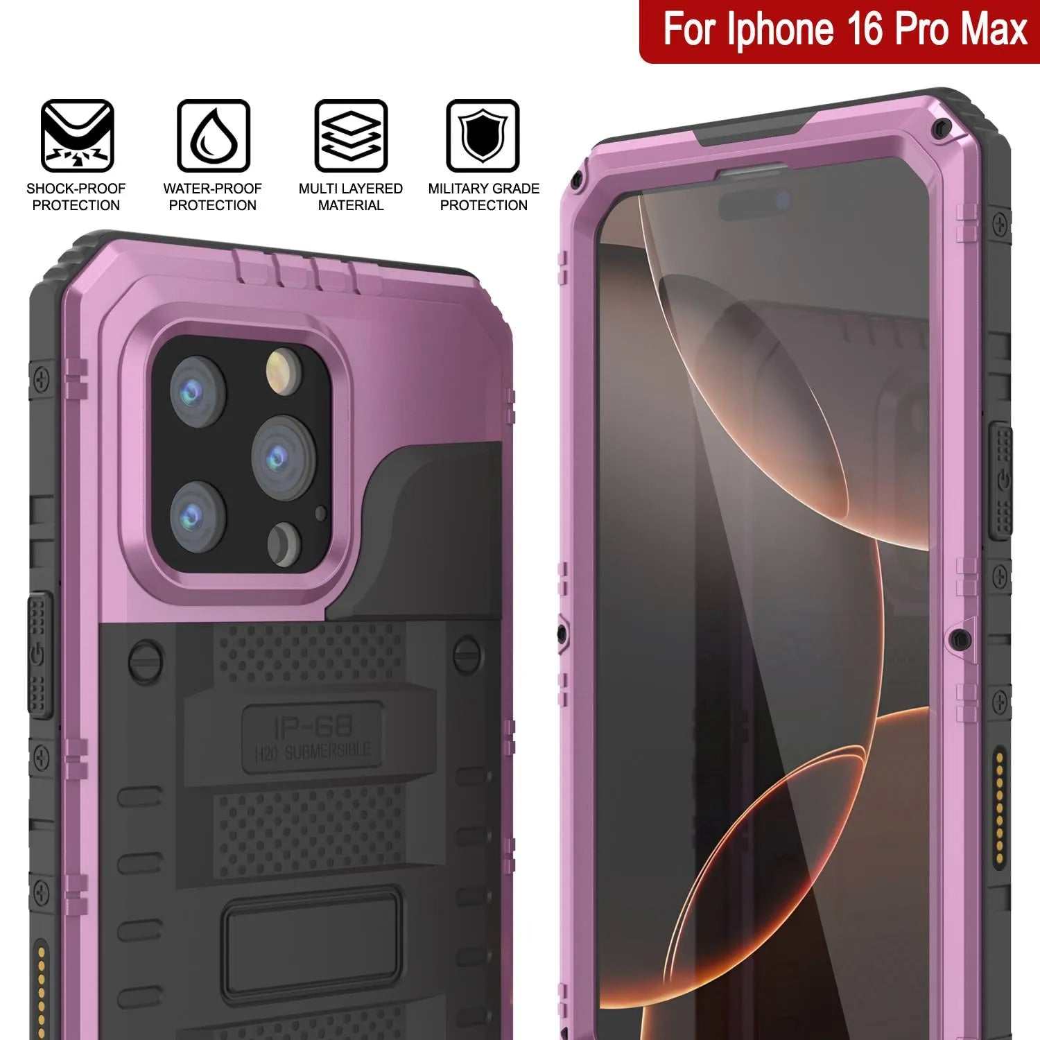 iPhone 16 Pro Max Metal Extreme 3.0 Series Aluminum Waterproof Case IP68 W/Buillt in Screen Protector & Kickstand [Pink]