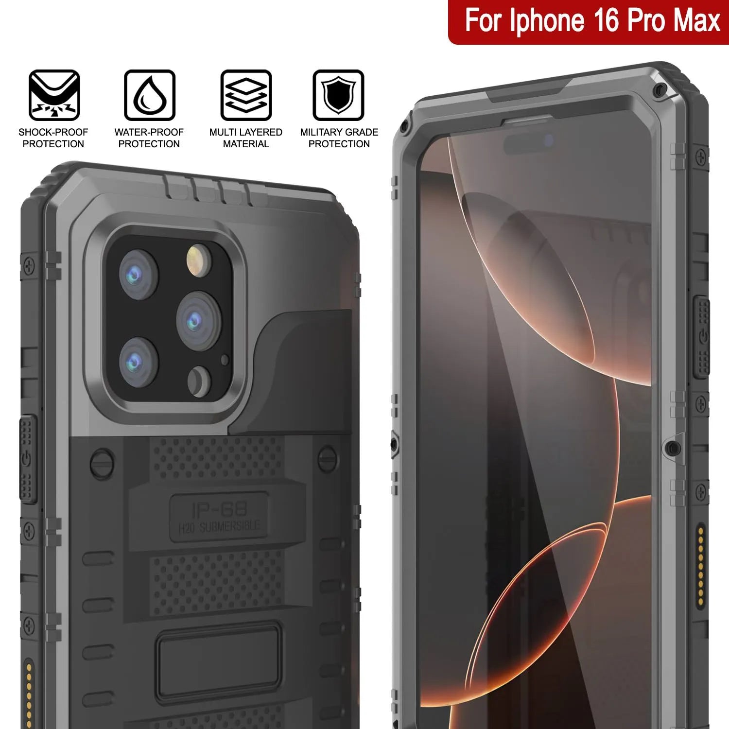 iPhone 16 Pro Max Metal Extreme 3.0 Series Aluminum Waterproof Case IP68 W/Buillt in Screen Protector & Kickstand [Silver]