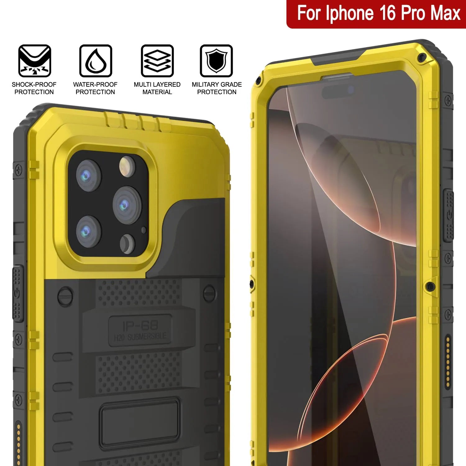 iPhone 16 Pro Max Metal Extreme 3.0 Series Aluminum Waterproof Case IP68 W/Buillt in Screen Protector & Kickstand [Yellow]