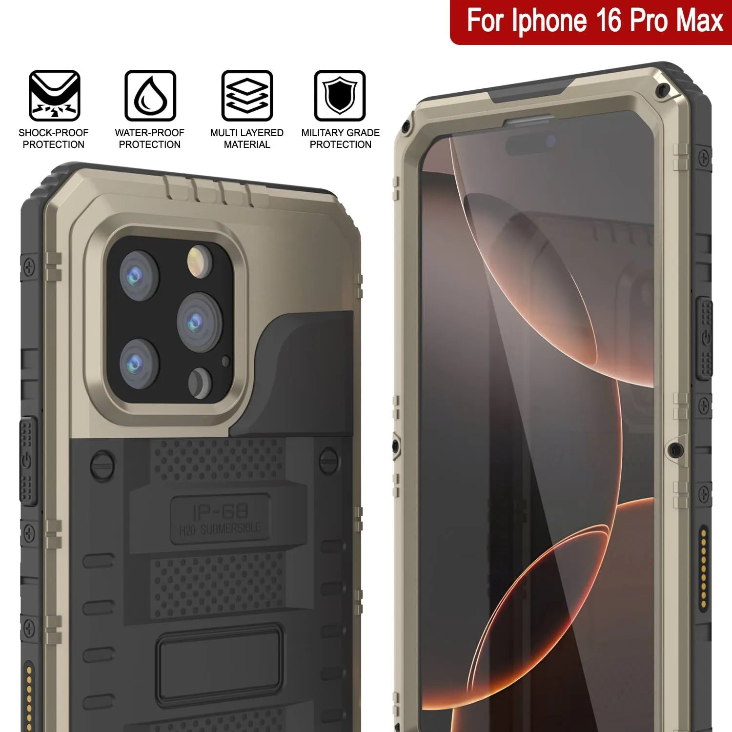 iPhone 16 Pro Max Metal Extreme 3.0 Series Aluminum Waterproof Case IP68 W/Buillt in Screen Protector & Kickstand [Gold]