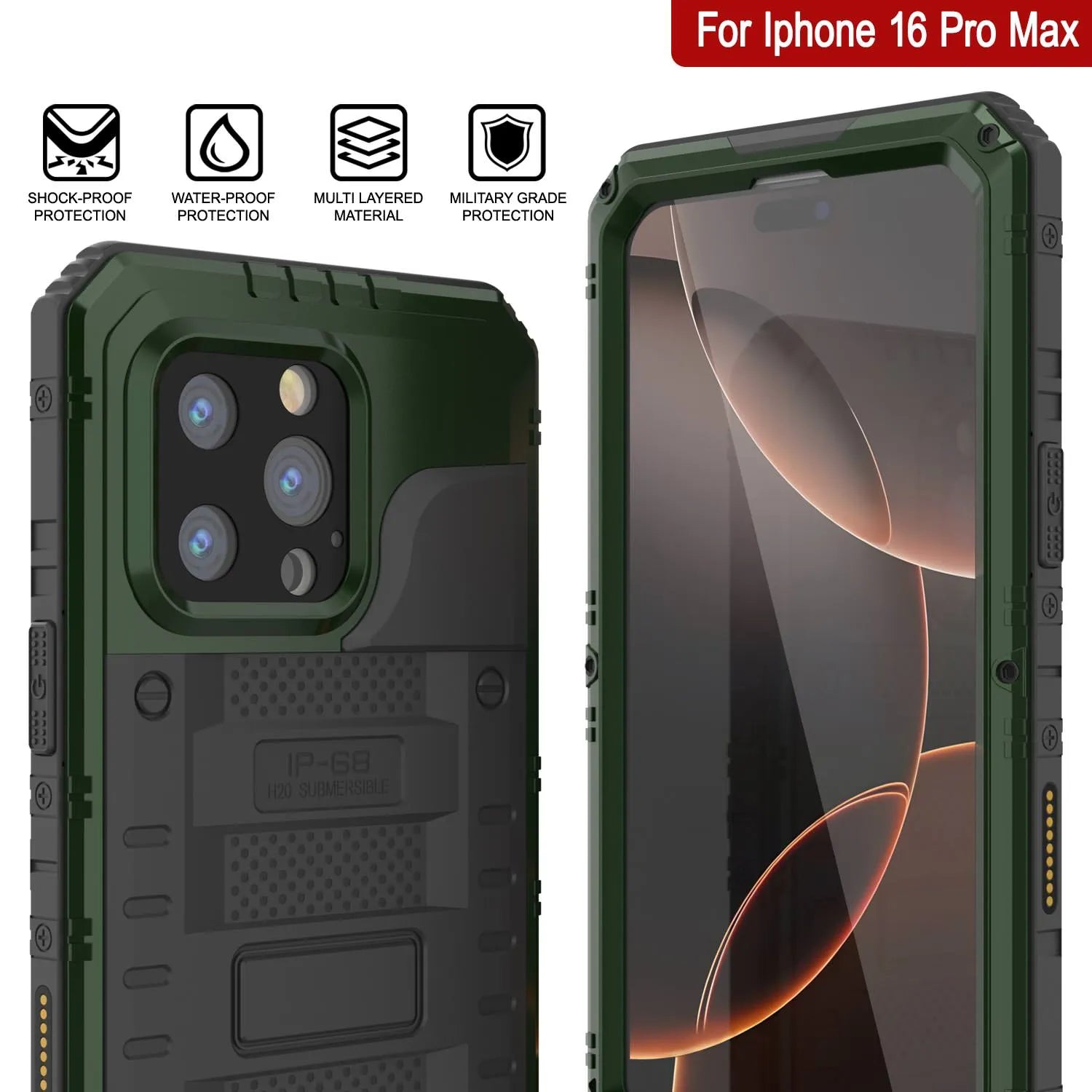 iPhone 16 Pro Max Metal Extreme 3.0 Series Aluminum Waterproof Case IP68 W/Buillt in Screen Protector & Kickstand [Dark Green]