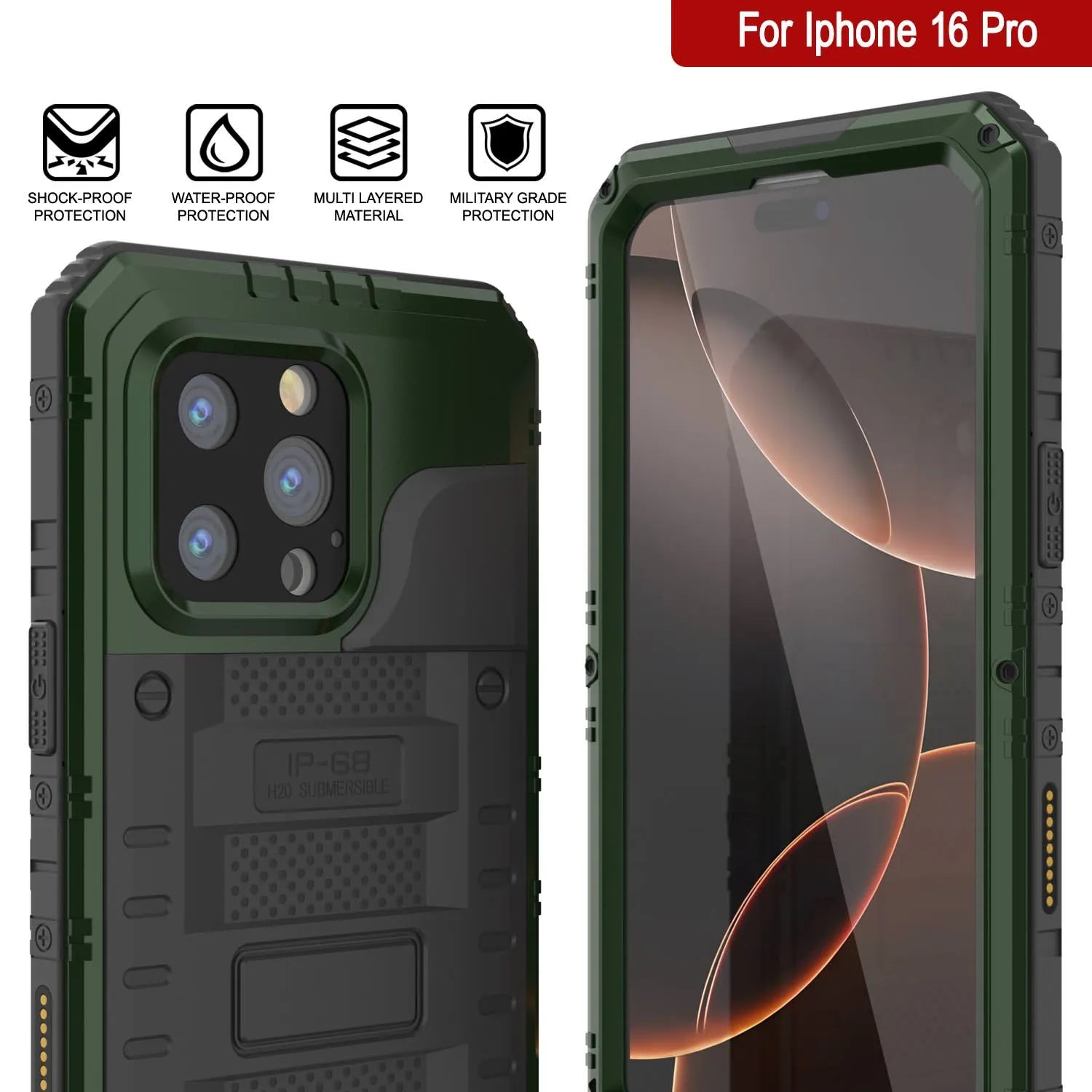 iPhone 16 Pro Metal Extreme 3.0 Series Aluminum Waterproof Case IP68 W/Buillt in Screen Protector & Kickstand [Dark Green]