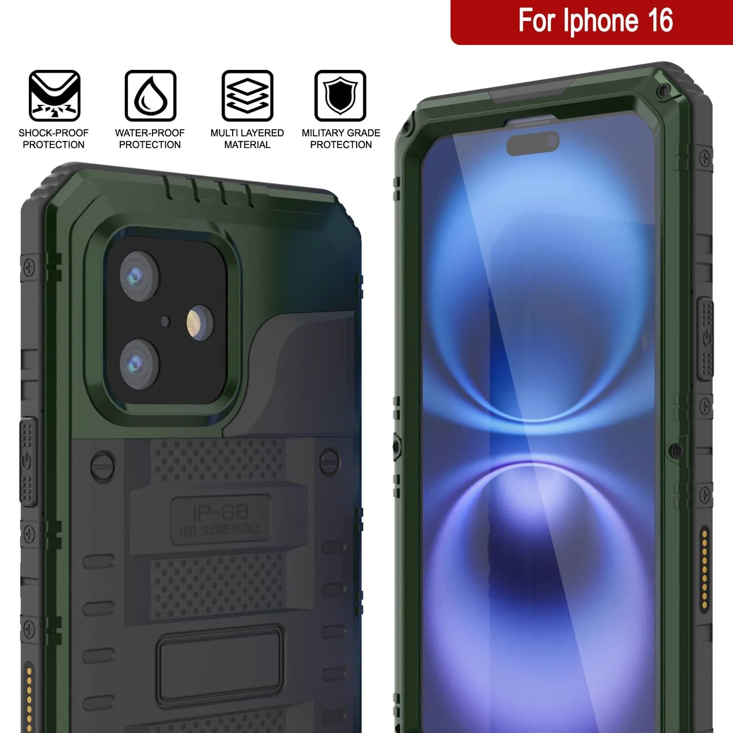 iPhone 16 Metal Extreme 3.0 Series Aluminum Waterproof Case IP68 W/Buillt in Screen Protector & Kickstand [Dark-Green]