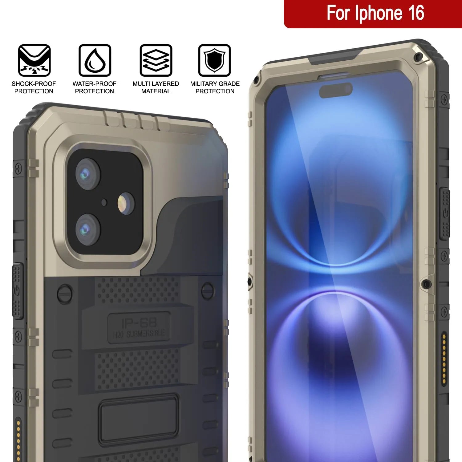 iPhone 16 Metal Extreme 3.0 Series Aluminum Waterproof Case IP68 W/Buillt in Screen Protector & Kickstand [Gold]