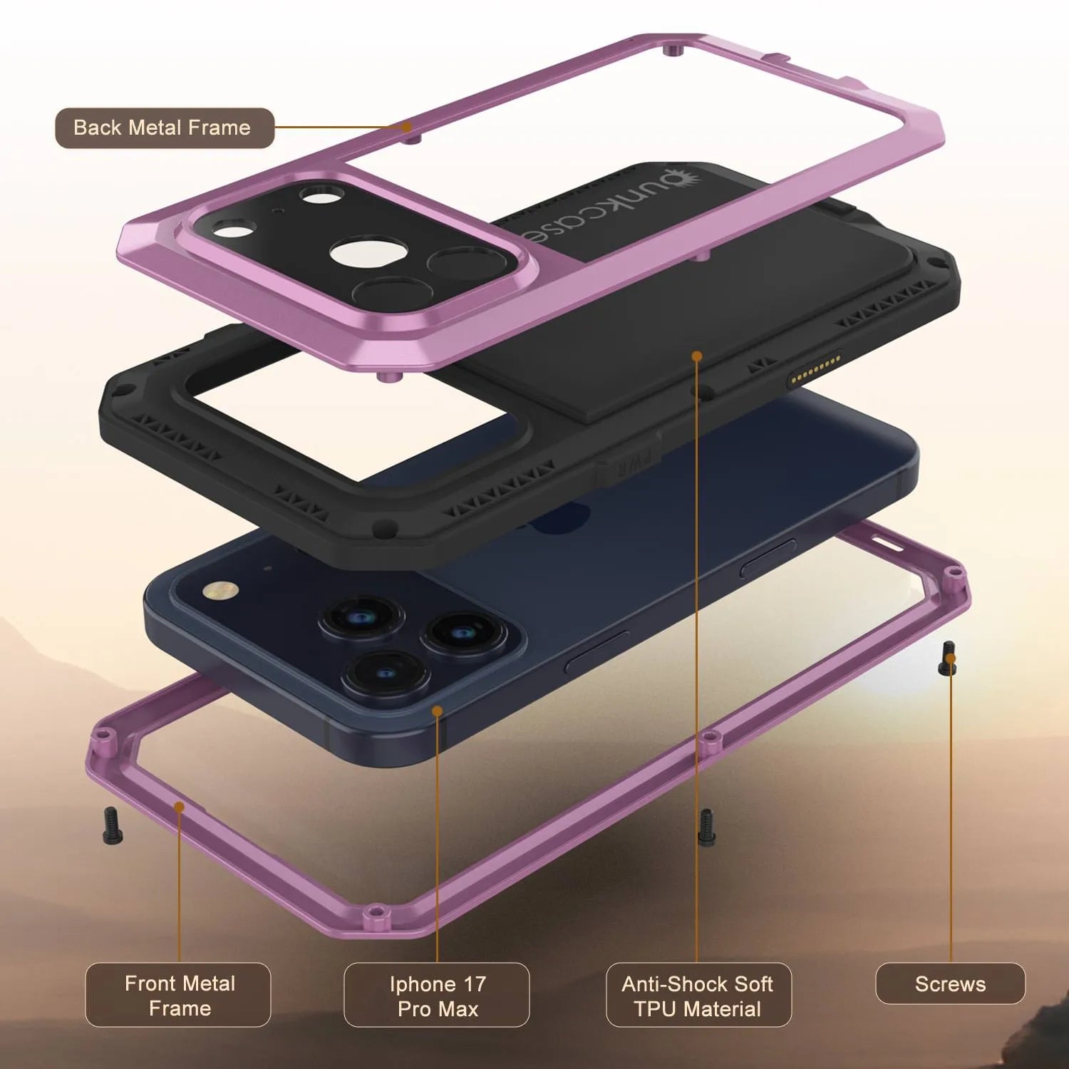 iPhone 17 Pro Max Metal Case, Heavy Duty Military Grade Armor Cover [shock proof] Full Body Hard [Pink]