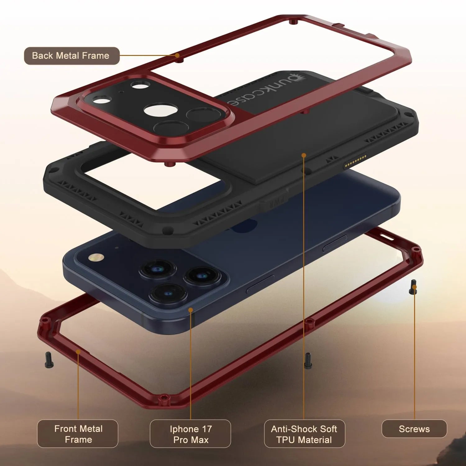 iPhone 17 Pro Max Metal Case, Heavy Duty Military Grade Armor Cover [shock proof] Full Body Hard [Red]