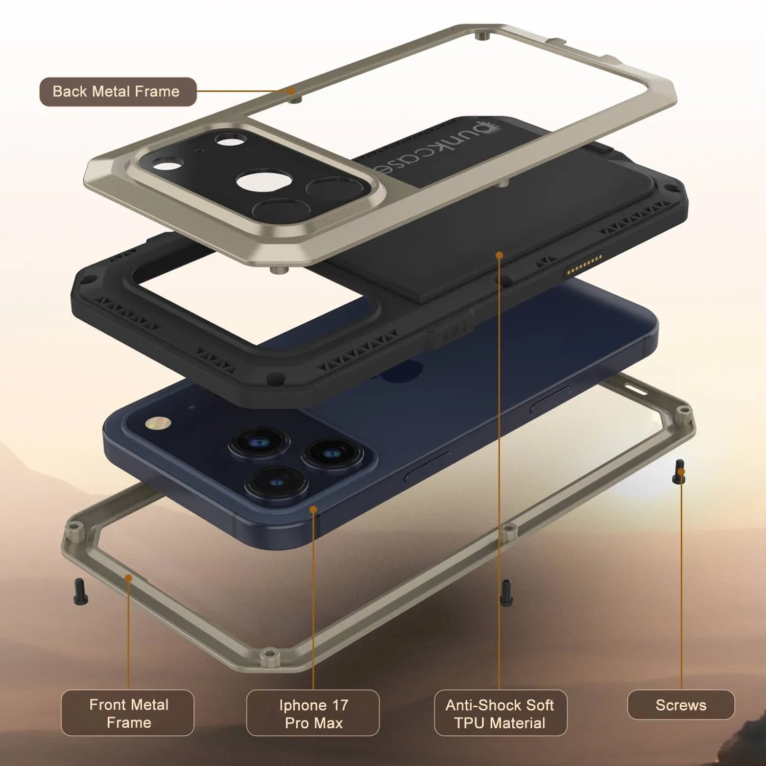 iPhone 17 Pro Max Metal Case, Heavy Duty Military Grade Armor Cover [shock proof] Full Body Hard [Gold]