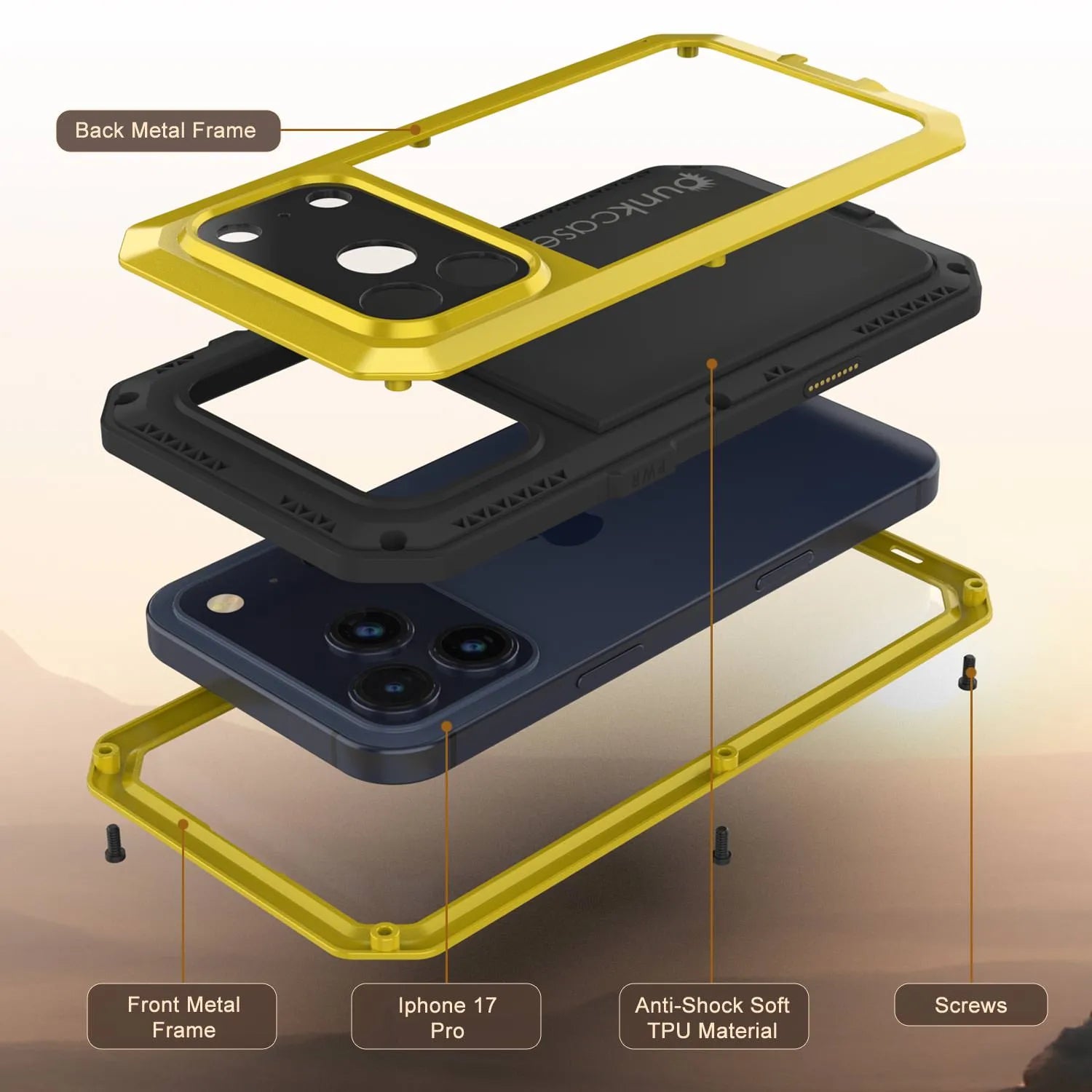 iPhone 17 Pro Metal Case, Heavy Duty Military Grade Armor Cover [shock proof] Full Body Hard [Yellow]