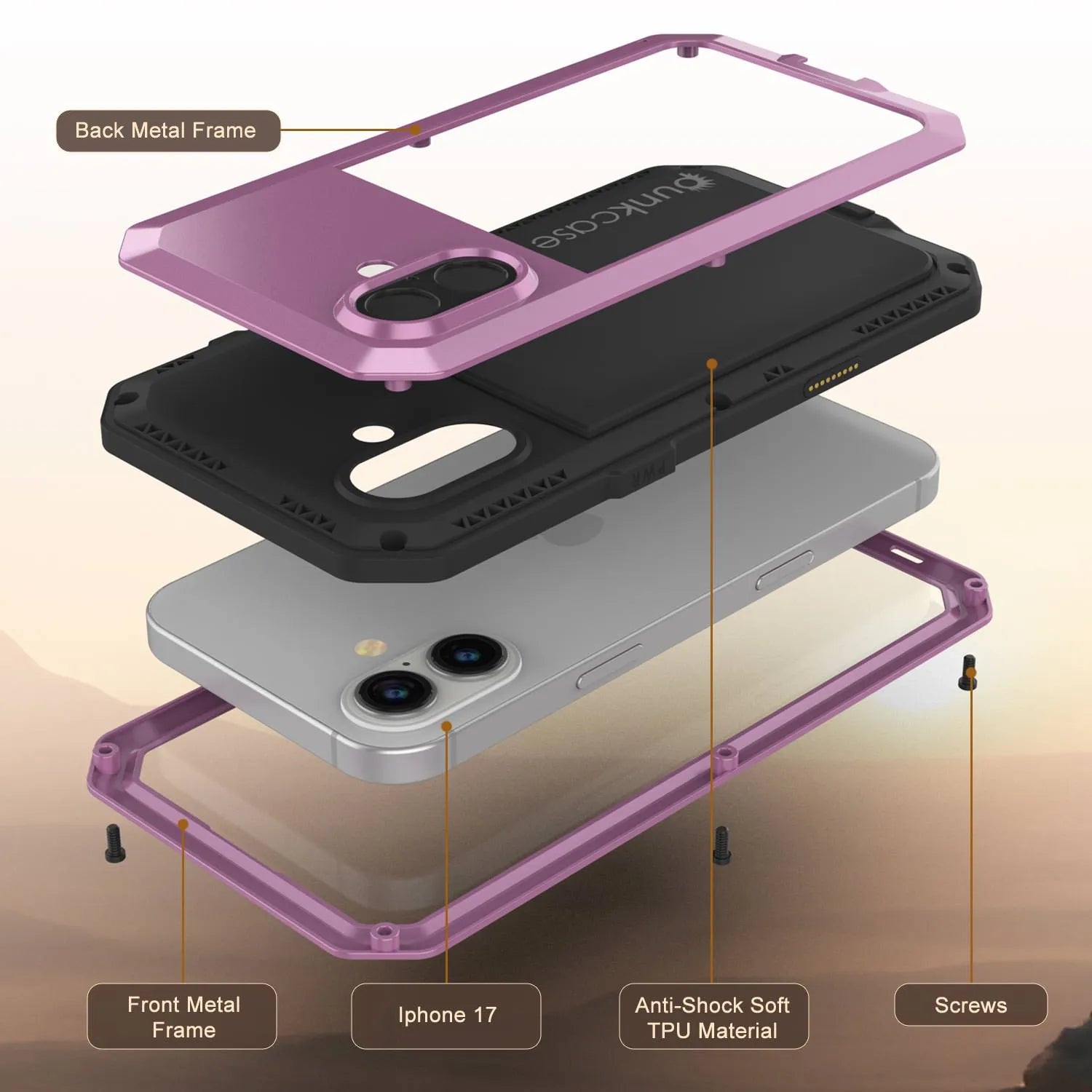 iPhone 17 Metal Case, Heavy Duty Military Grade Armor Cover [shock proof] Full Body Hard [Pink]