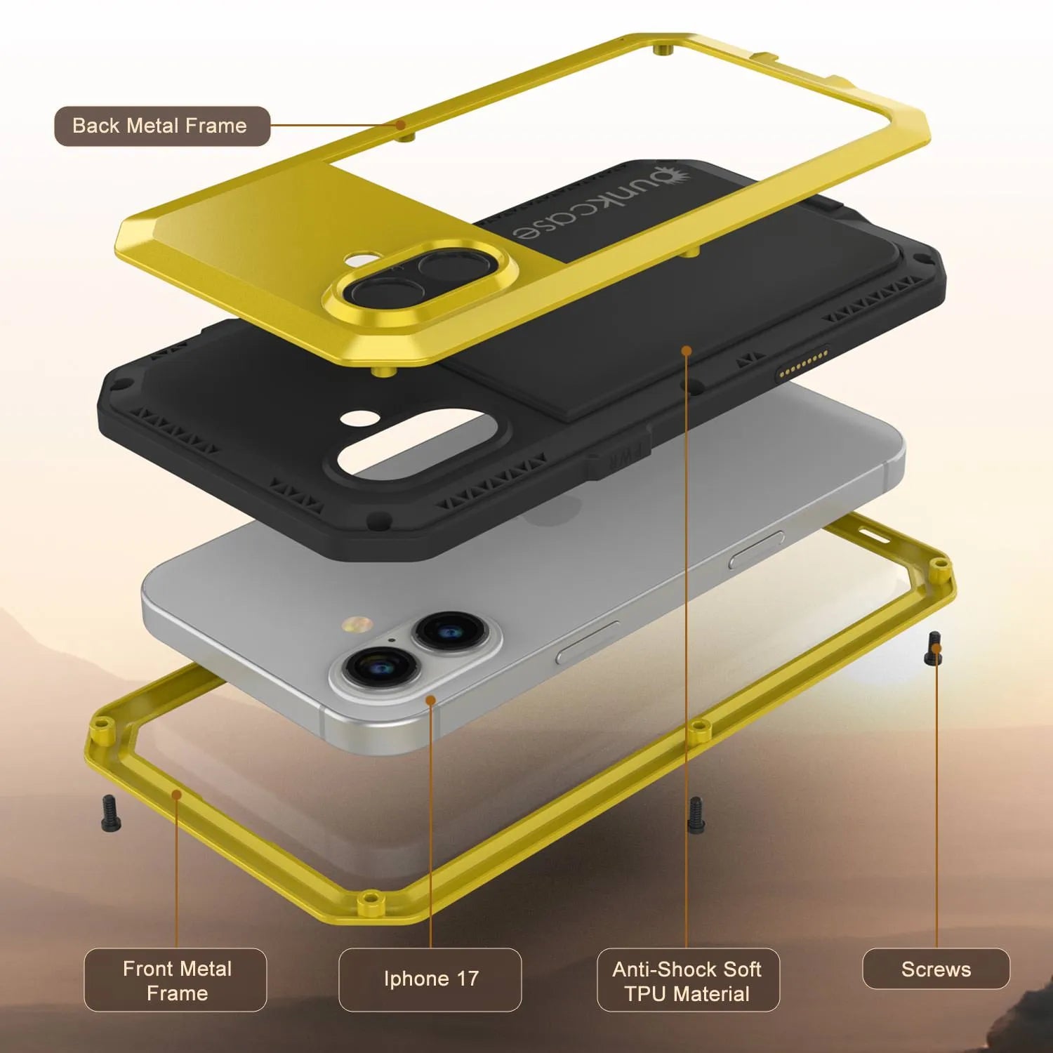 iPhone 17 Metal Case, Heavy Duty Military Grade Armor Cover [shock proof] Full Body Hard [Yellow]